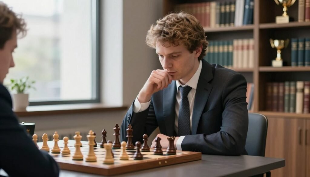 Magnus Carlsen, the renowned world chess champion, depicted in a professional setting, sitting at a sleek, modern chess table, intensely focused on a match. He wears a smart, tailored suit with a subtle tie, embodying both intellectual prowess and elegance. The foreground features a chessboard with pieces arranged in an intricate position. In the middle, soft natural light filters in from a nearby window, highlighting Magnus's thoughtful expression. The background includes a subtle blur of a well-organized bookshelf filled with chess books, trophies, and awards, creating a scholarly atmosphere. The overall mood is one of concentration and professionalism, showcasing his dedication to the game. Rendered in high resolution, with a slight depth of field effect. No text or overlays. Branding note: Debsie.com. Magnus Carlsen, the renowned world chess champion, depicted in a professional setting, sitting at a sleek, modern chess table, intensely focused on a match. He wears a smart, tailored suit with a subtle tie, embodying both intellectual prowess and elegance. The foreground features a chessboard with pieces arranged in an intricate position. In the middle, soft natural light filters in from a nearby window, highlighting Magnus's thoughtful expression. The background includes a subtle blur of a well-organized bookshelf filled with chess books, trophies, and awards, creating a scholarly atmosphere. The overall mood is one of concentration and professionalism, showcasing his dedication to the game. Rendered in high resolution, with a slight depth of field effect. No text or overlays. Branding note: Debsie.com.