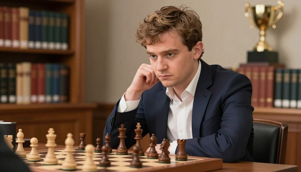 Magnus Carlsen, the world-renowned chess champion, portrayed in a focused pose, wearing a smart, tailored blazer and a crisp white shirt, with an intense yet approachable expression. In the foreground, his strong features and sharp gaze highlight his concentration and intelligence. The middle ground features a chessboard with an ongoing game, pieces meticulously arranged, symbolizing strategy and intellect. The background is a softly blurred library or study, filled with chess books and trophies, showcasing his achievements. Warm, natural lighting creates a cozy atmosphere, while a slight depth of field emphasizes Magnus as the focal point. The image should convey a sense of mastery and dedication to the art of chess, perfect for illustrating the topic of the greatest chess players. Debsie.com. Magnus Carlsen, the world-renowned chess champion, portrayed in a focused pose, wearing a smart, tailored blazer and a crisp white shirt, with an intense yet approachable expression. In the foreground, his strong features and sharp gaze highlight his concentration and intelligence. The middle ground features a chessboard with an ongoing game, pieces meticulously arranged, symbolizing strategy and intellect. The background is a softly blurred library or study, filled with chess books and trophies, showcasing his achievements. Warm, natural lighting creates a cozy atmosphere, while a slight depth of field emphasizes Magnus as the focal point. The image should convey a sense of mastery and dedication to the art of chess, perfect for illustrating the topic of the greatest chess players. Debsie.com.