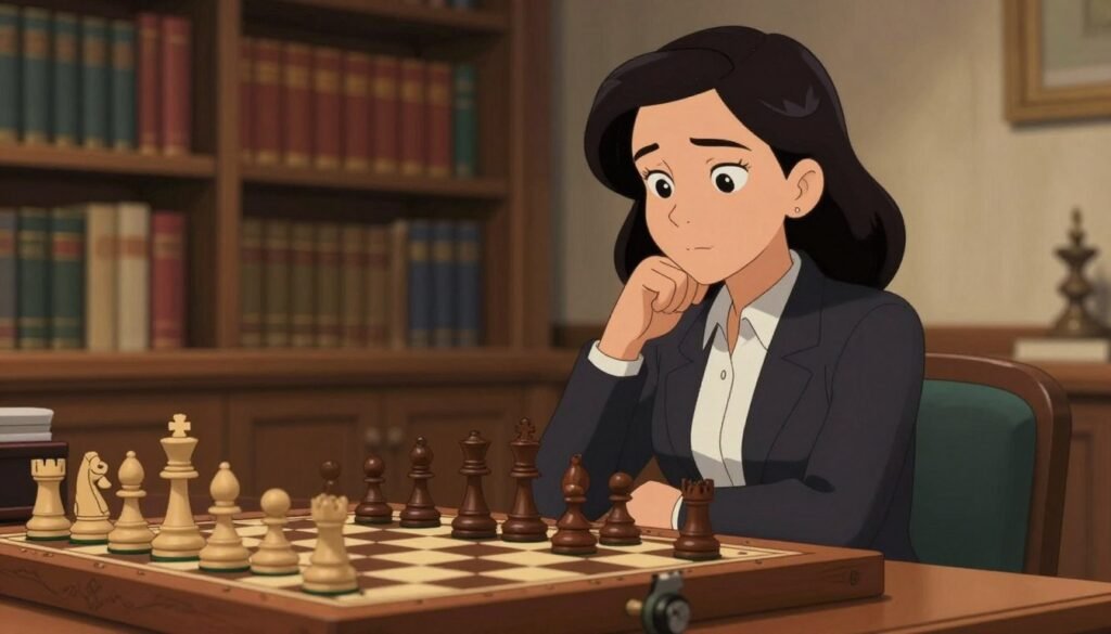 Maia Chiburdanidze, a renowned female chess champion, sitting confidently at a chessboard, engaged in thought. She has dark hair styled neatly and wears a professional business attire, conveying a sense of intelligence and determination. The foreground features an ornate wooden chessboard with intricately carved pieces positioned mid-game. In the middle background, a softly blurred library setting filled with books reflects her scholarly nature and strategic mind. The lighting is warm and inviting, casting gentle highlights on her focused expression, suggesting a moment of contemplation. The composition is captured from a slightly low angle to emphasize her stature in the chess world. This image embodies the strength and legacy of a great female chess player, ideal for illustrating her impact on the game. Debsie.com. Maia Chiburdanidze, a renowned female chess champion, sitting confidently at a chessboard, engaged in thought. She has dark hair styled neatly and wears a professional business attire, conveying a sense of intelligence and determination. The foreground features an ornate wooden chessboard with intricately carved pieces positioned mid-game. In the middle background, a softly blurred library setting filled with books reflects her scholarly nature and strategic mind. The lighting is warm and inviting, casting gentle highlights on her focused expression, suggesting a moment of contemplation. The composition is captured from a slightly low angle to emphasize her stature in the chess world. This image embodies the strength and legacy of a great female chess player, ideal for illustrating her impact on the game. Debsie.com.