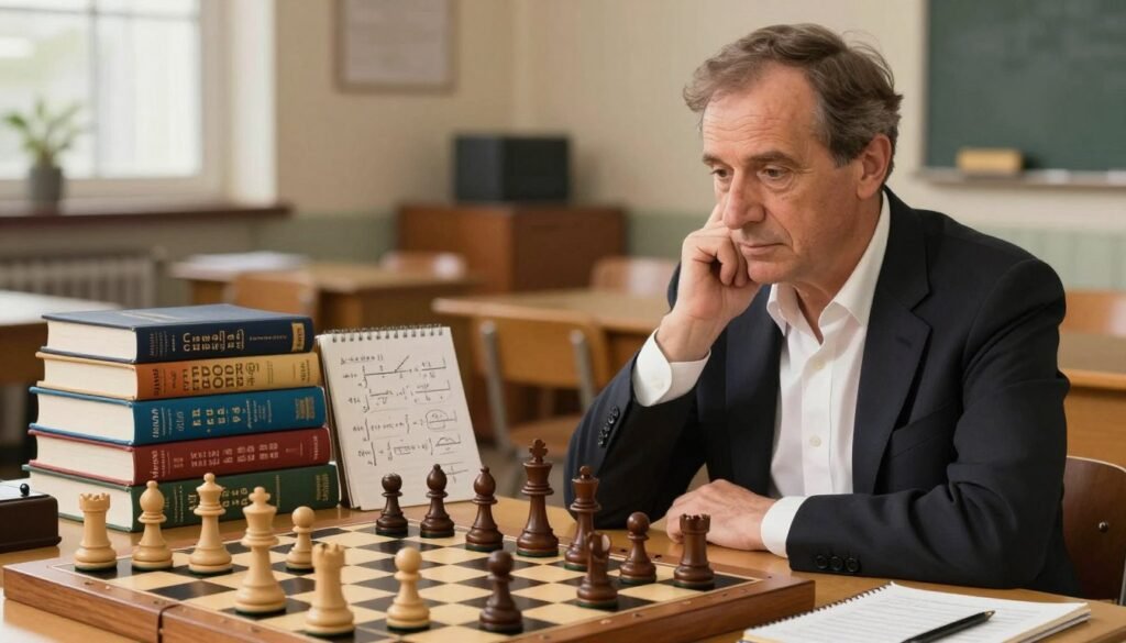Max Euwe, depicting him as a middle-aged man with a thoughtful expression, dressed in a crisp, professional white shirt and dark blazer, seated at a wooden chess table. The foreground showcases a chessboard filled with pieces in mid-game. In the middle, a stack of mathematics textbooks and a notepad filled with equations can be seen, symbolizing his dual passion for chess and mathematics. The background features a softly blurred classroom setting, with warm, inviting lighting that creates an atmosphere of intellect and calm. The angle is slightly elevated, capturing both Max's concentration on the game and the academic elements surrounding him. Overall, the mood is one of focus and determination, reflecting the theme of learning from this scientific chess champion. Image created by Debsie.com.