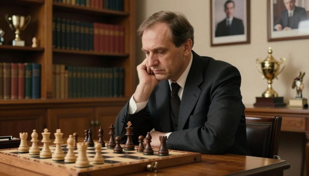 Mikhail Botvinnik, a distinguished chess player, is depicted seated at a classic wooden chess table, engrossed in deep thought. He has a focused expression, wearing a tailored dark suit and a white shirt, embodying the professionalism of a chess grandmaster. The foreground showcases a chessboard with an ongoing game, pieces strategically placed during a tense moment. In the middle, a softly illuminated room filled with shelves of books and chess trophies establishes a scholarly atmosphere. The background features antique chess memorabilia and framed photographs of famous matches. Warm, diffuse lighting highlights Botvinnik’s features, casting soft shadows that enhance the contemplative mood. Use a standard lens angle to capture him in a three-quarters view, fitting for a historical context. This image represents the essence of traditional chess mastery, suitable for the theme of "Debsie.com". Mikhail Botvinnik, a distinguished chess player, is depicted seated at a classic wooden chess table, engrossed in deep thought. He has a focused expression, wearing a tailored dark suit and a white shirt, embodying the professionalism of a chess grandmaster. The foreground showcases a chessboard with an ongoing game, pieces strategically placed during a tense moment. In the middle, a softly illuminated room filled with shelves of books and chess trophies establishes a scholarly atmosphere. The background features antique chess memorabilia and framed photographs of famous matches. Warm, diffuse lighting highlights Botvinnik’s features, casting soft shadows that enhance the contemplative mood. Use a standard lens angle to capture him in a three-quarters view, fitting for a historical context. This image represents the essence of traditional chess mastery, suitable for the theme of "Debsie.com".