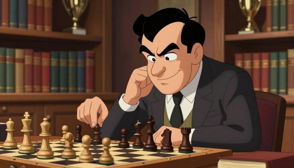 Mikhail Tal, the legendary chess grandmaster, is depicted intensely focused over a chessboard, set in a warm, inviting room filled with books and chess paraphernalia. He is wearing a sharp, tailored suit, exuding an air of confidence and intellect. The foreground showcases Tal's expressive face, capturing his sharp features and glimmering eyes, while his hand thoughtfully hovers over a chess piece, emphasizing his tactical mindset. In the middle ground, the chessboard is intricately detailed, with pieces in mid-game position, reflecting the excitement of an attack. The background features shelves lined with chess books and trophies, illuminated by soft, warm lighting that creates a cozy yet intellectual atmosphere. The image conveys a sense of deep concentration and the intrigue of chess. -- Debsie.com