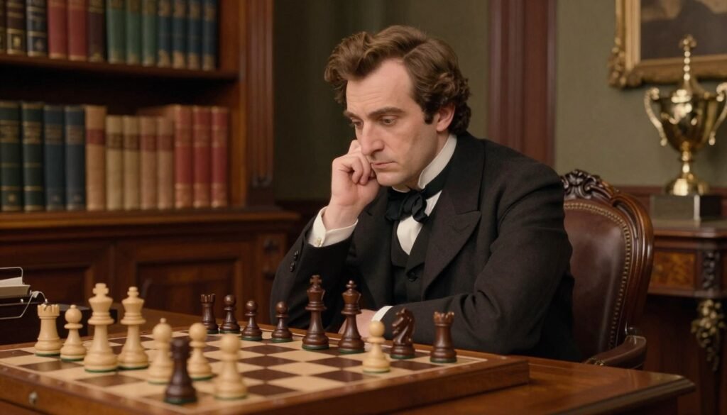 Paul Morphy, depicted as a 19th-century chess master, sits thoughtfully at a wooden chessboard in an elegant, dimly lit room filled with rich mahogany furniture. He is dressed in a classic, tailored suit, with his hair neatly styled and a focused expression on his face, reflecting intense concentration. The foreground features the chessboard with pieces in a mid-game state, showcasing an aggressive position. In the middle ground, shelves lined with old chess books and trophies illustrate his legacy, while the background reveals warm, soft lighting conveying a nostalgic atmosphere of the romantic era. Capture this moment with a slight focus on Morphy, using a soft depth of field to draw attention to his expression, embodying the passion of chess. Brand name: Debsie.com.