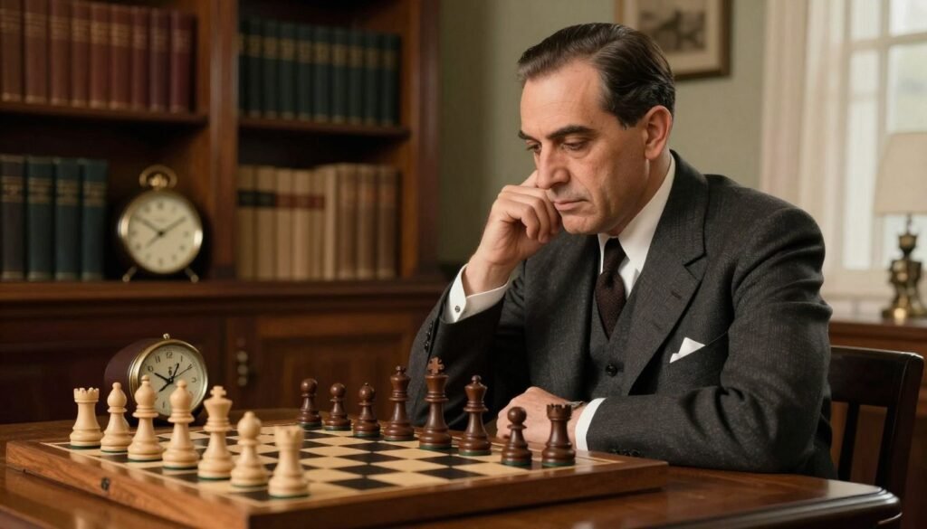Raúl Capablanca, the legendary Cuban chess player, seated at a wooden chess table with a thoughtful expression. He wears a classic 1920s tailored suit, complete with a crisp white shirt and a dark tie, reflecting his professional demeanor. The foreground captures the chess pieces, mid-game, showcasing an intriguing position on the board. In the middle ground, a subtle chess clock ticks away, emphasizing the tension of the match. The background features a cozy study with bookshelves filled with chess literature and a warm, ambient light filtering through a window, casting soft shadows. The atmosphere is one of focused concentration and timeless elegance, evoking the spirit of chess mastery. The image is created by Debsie.com. Raúl Capablanca, the legendary Cuban chess player, seated at a wooden chess table with a thoughtful expression. He wears a classic 1920s tailored suit, complete with a crisp white shirt and a dark tie, reflecting his professional demeanor. The foreground captures the chess pieces, mid-game, showcasing an intriguing position on the board. In the middle ground, a subtle chess clock ticks away, emphasizing the tension of the match. The background features a cozy study with bookshelves filled with chess literature and a warm, ambient light filtering through a window, casting soft shadows. The atmosphere is one of focused concentration and timeless elegance, evoking the spirit of chess mastery. The image is created by Debsie.com.