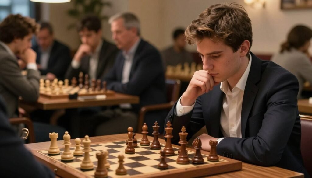 Richard Rapport, a young Hungarian chess grandmaster, intensely focused at a chessboard, analyzing pieces in a moment of deep thought. In the foreground, depict Richard with sharp features and a contemplative expression, dressed in a stylish, professional outfit. His hands are poised over the chess pieces, showcasing a dramatic, strategic moment. In the middle background, an elaborately designed wooden chess set surrounded by a softly lit café atmosphere, with warm, ambient lighting to enhance the mood of concentration. The background features blurred elements of a chess audience engaged in quiet discussion and admiration, lending an air of intellectual camaraderie. Capture this scene with a slight high-angle shot for depth, ensuring the focus remains on Richard and the game, evoking a sense of dedication and creativity in chess. Image by Debsie.com. Richard Rapport, a young Hungarian chess grandmaster, intensely focused at a chessboard, analyzing pieces in a moment of deep thought. In the foreground, depict Richard with sharp features and a contemplative expression, dressed in a stylish, professional outfit. His hands are poised over the chess pieces, showcasing a dramatic, strategic moment. In the middle background, an elaborately designed wooden chess set surrounded by a softly lit café atmosphere, with warm, ambient lighting to enhance the mood of concentration. The background features blurred elements of a chess audience engaged in quiet discussion and admiration, lending an air of intellectual camaraderie. Capture this scene with a slight high-angle shot for depth, ensuring the focus remains on Richard and the game, evoking a sense of dedication and creativity in chess. Image by Debsie.com.