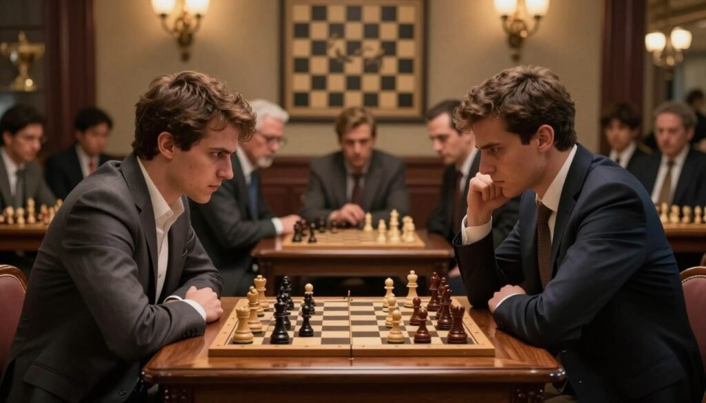 Two chess players engaged in a tense rivalry match at a beautifully crafted wooden chess table. In the foreground, the intense expressions of both players—one wearing a tailored suit and the other in a smart-casual outfit—reveal their focus and determination. The pieces on the board are arranged in a critical position, emphasizing the stakes of the game. The middle ground is filled with a subtle blur of spectators, watching eagerly, dressed in business attire, providing an atmosphere of importance and anticipation. In the background, a warmly lit room adorned with chess-themed art and trophies highlights the rich history of the game. The soft, diffused lighting creates a dramatic yet inviting ambiance, capturing the intensity of one of the key rivalries that defined modern chess. Debsie.com Two chess players engaged in a tense rivalry match at a beautifully crafted wooden chess table. In the foreground, the intense expressions of both players—one wearing a tailored suit and the other in a smart-casual outfit—reveal their focus and determination. The pieces on the board are arranged in a critical position, emphasizing the stakes of the game. The middle ground is filled with a subtle blur of spectators, watching eagerly, dressed in business attire, providing an atmosphere of importance and anticipation. In the background, a warmly lit room adorned with chess-themed art and trophies highlights the rich history of the game. The soft, diffused lighting creates a dramatic yet inviting ambiance, capturing the intensity of one of the key rivalries that defined modern chess. Debsie.com