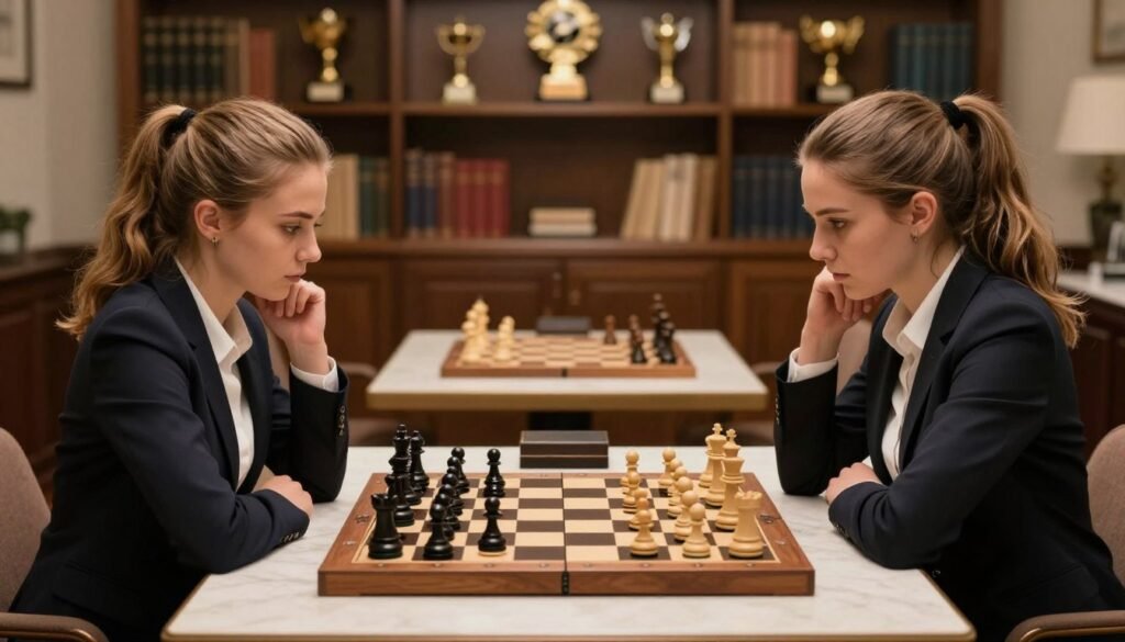 Two female chess players, Anna Muzychuk and Mariya Muzychuk, intensely focused on a chess match, seated at an elegantly designed chess table. In the foreground, they are dressed in professional business attire, with the light softly illuminating their thoughtful expressions and strategic postures. In the middle, a beautifully crafted chessboard has pieces strategically arranged, showcasing a high-stakes game. The background features a cozy, well-lit room with bookshelves and chess trophies, hinting at their accomplishments and dedication to the game. The overall mood is one of concentration and determination, highlighting the sisters as formidable opponents and influential figures in modern chess. The image should embody a sense of professionalism and respect for the sport. Debsie.com.