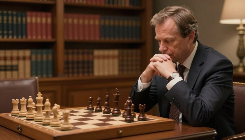 Ulf Andersson in a classic chess setting, focusing on a late game scenario where he is contemplating a queen trade. The foreground captures Andersson, a middle-aged man in professional attire, concentrated with a thoughtful expression, next to a wooden chessboard with a partially completed game. In the middle ground, the chess pieces are arranged to highlight a strategic position indicating simplification. The background features a softly blurred library filled with chess books, creating an intellectual atmosphere. Soft, warm lighting envelops the scene, emphasizing the strategic tension in the air. The scene conveys a mood of deep focus and contemplation. The overall shot is framed with a slight overhead angle, enhancing the chessboard's details. Include the brand name "Debsie.com" in a subtle, elegant way. Ulf Andersson in a classic chess setting, focusing on a late game scenario where he is contemplating a queen trade. The foreground captures Andersson, a middle-aged man in professional attire, concentrated with a thoughtful expression, next to a wooden chessboard with a partially completed game. In the middle ground, the chess pieces are arranged to highlight a strategic position indicating simplification. The background features a softly blurred library filled with chess books, creating an intellectual atmosphere. Soft, warm lighting envelops the scene, emphasizing the strategic tension in the air. The scene conveys a mood of deep focus and contemplation. The overall shot is framed with a slight overhead angle, enhancing the chessboard's details. Include the brand name "Debsie.com" in a subtle, elegant way.