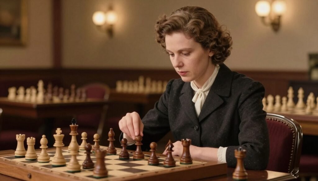 Vera Menchik, seated at a chessboard, focused deeply on her next move. She wears a classic, elegant outfit, embodying the early 20th-century style, reflecting her era's sophistication. In the foreground, the intricately carved wooden chess pieces are arranged thoughtfully, showcasing her strategy. The middle section features a softly blurred background of a vintage chess club filled with warm, ambient lighting, casting gentle shadows on the scene. The composition should evoke a sense of concentration and historical significance, highlighting her role as the first Women’s World Champion. The image conveys a mood of determination and elegance, capturing the essence of a pioneering figure in chess history. Created by Debsie.com. Vera Menchik, seated at a chessboard, focused deeply on her next move. She wears a classic, elegant outfit, embodying the early 20th-century style, reflecting her era's sophistication. In the foreground, the intricately carved wooden chess pieces are arranged thoughtfully, showcasing her strategy. The middle section features a softly blurred background of a vintage chess club filled with warm, ambient lighting, casting gentle shadows on the scene. The composition should evoke a sense of concentration and historical significance, highlighting her role as the first Women’s World Champion. The image conveys a mood of determination and elegance, capturing the essence of a pioneering figure in chess history. Created by Debsie.com.
