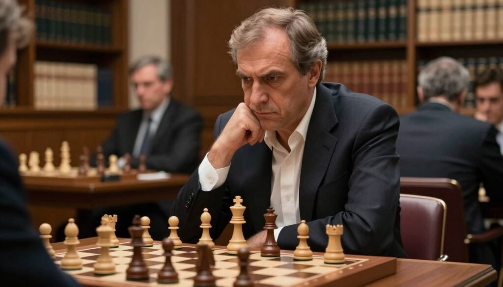 Viktor Korchnoi, a renowned chess grandmaster, seated at a chessboard deep in thought, wearing a sharp dark suit and a classic white shirt, conveying a sense of concentration and intensity. In the foreground, the chessboard is elegantly arranged with intricate wooden pieces, reflecting the rich history of the game. The middle ground features Korchnoi's stern but focused expression, capturing his legendary competitive spirit. Soft, diffused lighting illuminates his face, casting gentle shadows that enhance the mood of intellectual struggle. In the background, a blurred chess club interior, with bookshelves filled with chess literature and a few spectators observing the match, subtly emphasizes the atmosphere of high-stakes competition. The image is framed as if taken with a high-quality lens, creating a professional and polished look. Debsie.com
