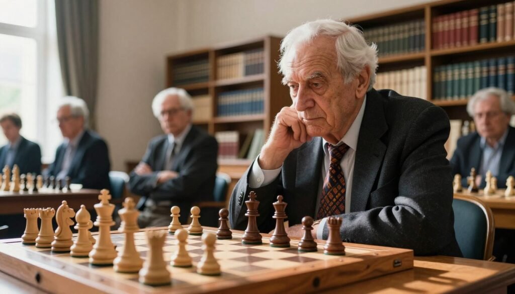 Viktor Korchnoi, an elderly chess grandmaster, sits thoughtfully at a rustic wooden chessboard, his expression a mix of determination and wisdom. He wears a classic dark blazer and a patterned tie, embodying the spirit of late-career longevity in vivid detail. In the foreground, pieces are strategically positioned, illustrating a tense middle game. The middle ground captures a well-lit tournament room, with a few spectators observing keenly, creating a sense of anticipation. The background features soft-lit shelves filled with chess literature, enhancing the intellectual atmosphere. Gentle sunlight streams in from a nearby window, casting warm shadows, while an elegant, low-angle perspective captures Korchnoi's intense focus. The mood is both contemplative and intense, reflecting the legacy of a relentless defender-attacker in chess. Image branding: Debsie.com.