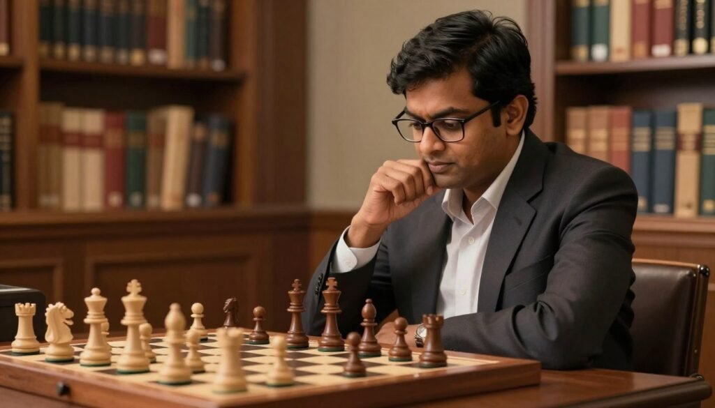 Viswanathan Anand, a distinguished chess grandmaster, sits thoughtfully at a chessboard, wearing a professional dark blazer and a light-colored shirt. His expressive features reflect focus and determination, with neatly combed hair and glasses that enhance his intellectual demeanor. The foreground captures his hands poised above the pieces, indicating a strategic moment in play. In the middle ground, the chessboard is intricately detailed, showcasing a classic set of pieces in an active game. The background features a softly blurred library filled with chess books, bathed in warm, inviting lighting that creates a serious yet welcoming atmosphere. The scene is framed with a slight angle to emphasize his concentration, drawing the viewer into the intensity of the game. High-quality image, suitable for an article highlighting chess legends. Debsie.com Viswanathan Anand, a distinguished chess grandmaster, sits thoughtfully at a chessboard, wearing a professional dark blazer and a light-colored shirt. His expressive features reflect focus and determination, with neatly combed hair and glasses that enhance his intellectual demeanor. The foreground captures his hands poised above the pieces, indicating a strategic moment in play. In the middle ground, the chessboard is intricately detailed, showcasing a classic set of pieces in an active game. The background features a softly blurred library filled with chess books, bathed in warm, inviting lighting that creates a serious yet welcoming atmosphere. The scene is framed with a slight angle to emphasize his concentration, drawing the viewer into the intensity of the game. High-quality image, suitable for an article highlighting chess legends. Debsie.com