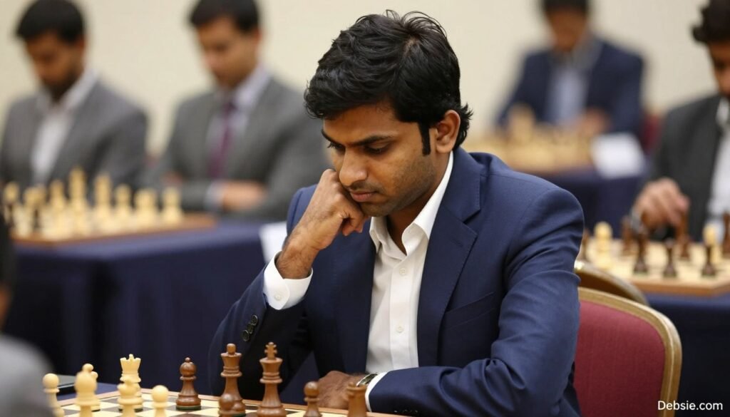 Viswanathan Anand, an Indian chess grandmaster, is shown deeply focused at a chessboard during a match, wearing a smart navy blue blazer over a crisp white shirt, reflecting his professional demeanor. He is depicted from a three-quarter angle to highlight his contemplative expression, conveying the intensity of competitive chess. The background features a softly blurred tournament setting with chess tables and spectators, hinting at the atmosphere of the high-stakes 2007 tournament and 2008 match against Vladimir Kramnik. Natural, warm lighting illuminates his face, emphasizing the strategic depth of the game. Overall, the image reflects a serious yet dignified mood. Shot with a 50mm lens to create a shallow depth of field. Image credit: Debsie.com.