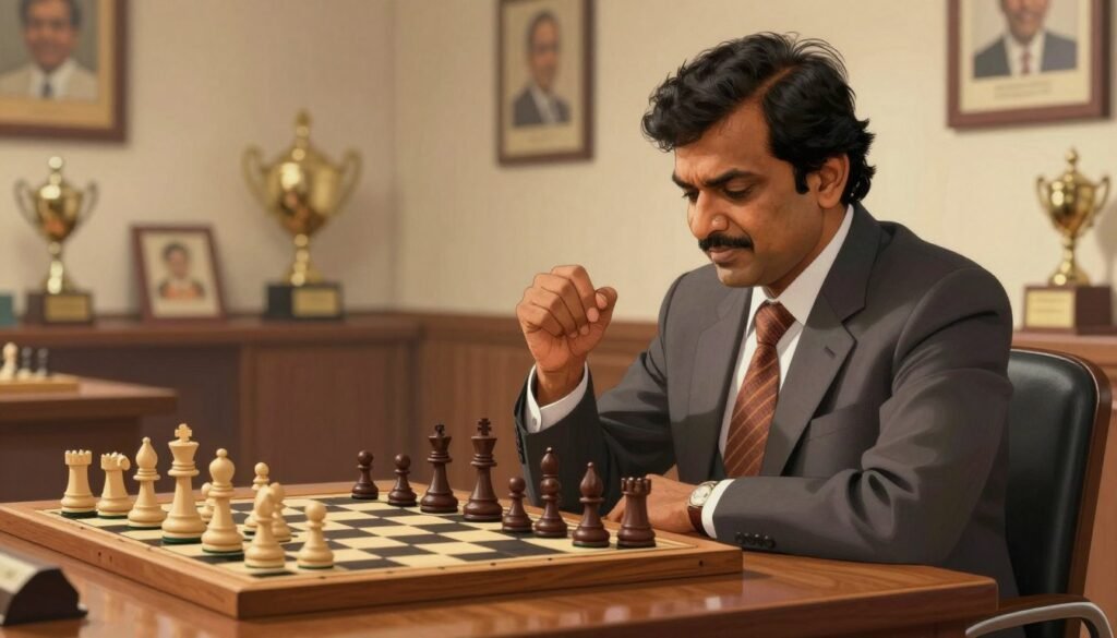 Viswanathan Anand, the legendary chess grandmaster, depicted in a professional setting, exuding confidence and wisdom. In the foreground, he is seated at a polished wooden chess table, deeply focused on a chess game, wearing a tailored suit that symbolizes his status in the chess world. In the middle ground, a dynamic chessboard captures an intense moment, with pieces placed in a strategic configuration. The background features a softly blurred room filled with accolades and trophies, reflecting his impressive career and all-format excellence. The lighting is warm and inviting, casting soft shadows that enhance the atmosphere of concentration and dedication. The overall mood is serious yet inspiring, emphasizing the longevity and impact of Anand's contributions to chess. Image by Debsie.com. Viswanathan Anand, the legendary chess grandmaster, depicted in a professional setting, exuding confidence and wisdom. In the foreground, he is seated at a polished wooden chess table, deeply focused on a chess game, wearing a tailored suit that symbolizes his status in the chess world. In the middle ground, a dynamic chessboard captures an intense moment, with pieces placed in a strategic configuration. The background features a softly blurred room filled with accolades and trophies, reflecting his impressive career and all-format excellence. The lighting is warm and inviting, casting soft shadows that enhance the atmosphere of concentration and dedication. The overall mood is serious yet inspiring, emphasizing the longevity and impact of Anand's contributions to chess. Image by Debsie.com.