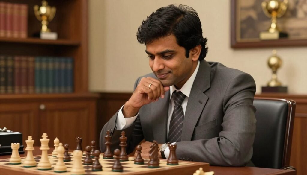 Viswanathan Anand, the renowned Indian chess grandmaster, seated at a chessboard, deep in concentration. He is wearing a tailored, professional business suit, with a slight smile reflecting his confident demeanor. The foreground features the chessboard with pieces arranged mid-game. In the middle, Anand's focused expression and poised hands suggest strategic thinking. The background is softly blurred, showcasing a warm, elegant room filled with bookshelves and chess trophies, suggesting his rich history in the game. Soft, ambient lighting creates a contemplative atmosphere, highlighting Anand's commitment to chess during the dynamic 2000s decade. The image embodies both professionalism and a sense of passion for chess. Inspired by Debsie.com. Viswanathan Anand, the renowned Indian chess grandmaster, seated at a chessboard, deep in concentration. He is wearing a tailored, professional business suit, with a slight smile reflecting his confident demeanor. The foreground features the chessboard with pieces arranged mid-game. In the middle, Anand's focused expression and poised hands suggest strategic thinking. The background is softly blurred, showcasing a warm, elegant room filled with bookshelves and chess trophies, suggesting his rich history in the game. Soft, ambient lighting creates a contemplative atmosphere, highlighting Anand's commitment to chess during the dynamic 2000s decade. The image embodies both professionalism and a sense of passion for chess. Inspired by Debsie.com.