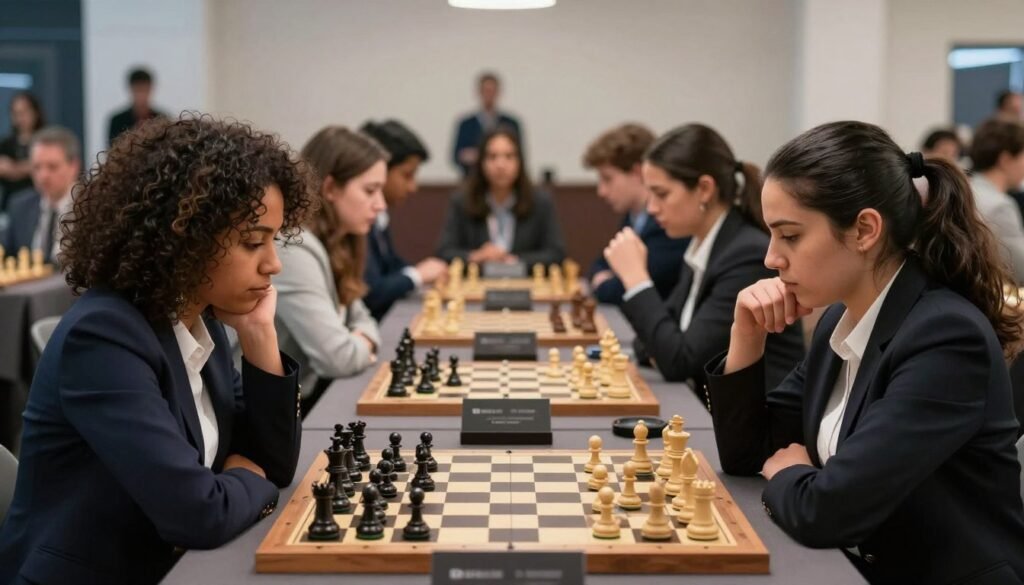 Women chess blitz champions gathered around a chess board, displaying intense concentration and skill during a fast-paced game. The foreground features three diverse female players in professional attire, showcasing distinct expressions of determination and focus. One player, with curly hair, pensively considers her next move, while another, with sleek hair tied back, gestures confidently. The middle layer highlights the intricate details of the chess pieces and the board, illuminated by soft, natural overhead lighting that enhances the atmosphere of competition. In the background, a blurred audience watches eagerly, creating an engaging ambiance. The setting is a modern chess hall, with subtle decorative elements that suggest a prestigious tournament. Overall, the mood is dynamic and empowering, capturing the essence of competitive chess. Art by Debsie.com. Women chess blitz champions gathered around a chess board, displaying intense concentration and skill during a fast-paced game. The foreground features three diverse female players in professional attire, showcasing distinct expressions of determination and focus. One player, with curly hair, pensively considers her next move, while another, with sleek hair tied back, gestures confidently. The middle layer highlights the intricate details of the chess pieces and the board, illuminated by soft, natural overhead lighting that enhances the atmosphere of competition. In the background, a blurred audience watches eagerly, creating an engaging ambiance. The setting is a modern chess hall, with subtle decorative elements that suggest a prestigious tournament. Overall, the mood is dynamic and empowering, capturing the essence of competitive chess. Art by Debsie.com.