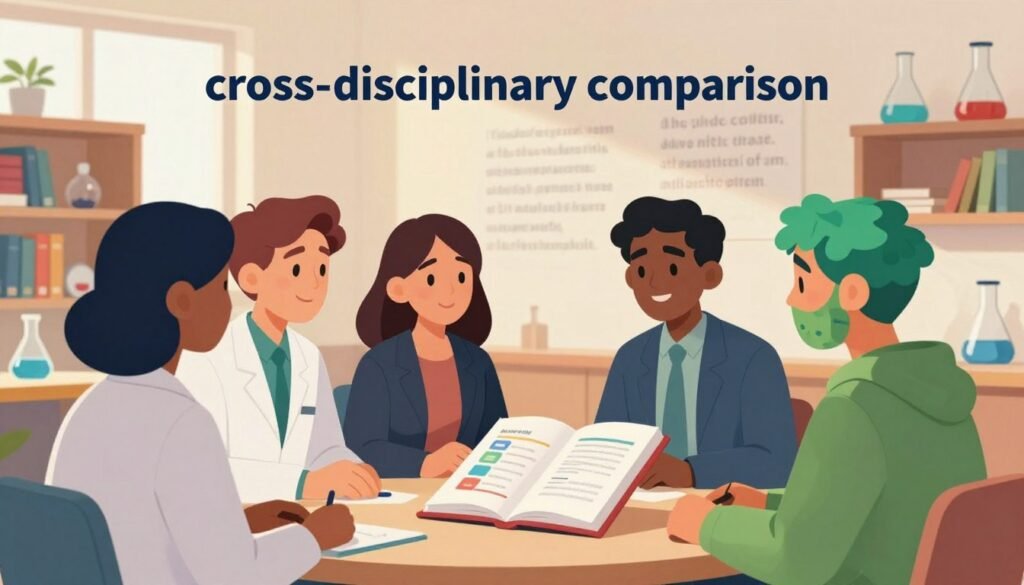 A beautiful, vibrant image illustrating the concept of "cross-disciplinary comparison" in science. In the foreground, a diverse group of three professionals—one dressed in a lab coat, another in business attire, and a third in environmental gear—are engaged in discussion over an open book displaying a chart of scientific criteria. In the middle ground, shelves filled with colorful books and scientific models create a sense of knowledge sharing. The background features a soft-focus wall adorned with inspirational quotes from famous scientists. Soft, natural lighting emanates from an overhead window, casting a warm glow over the scene. The overall atmosphere is collaborative, intellectual, and inviting, reflecting Debsie's mission of highlighting the importance of diverse scientific contributions in defining greatness.