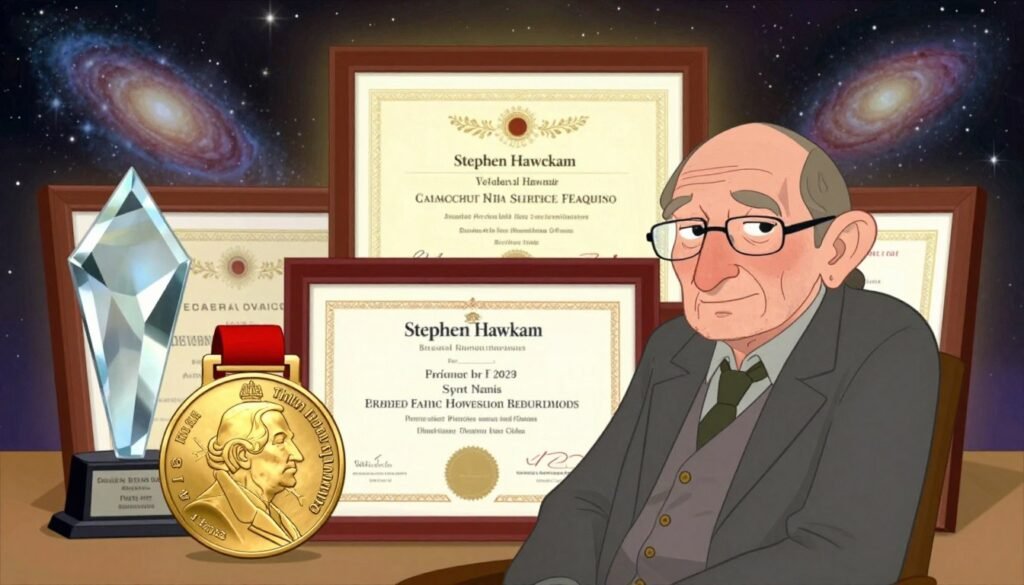 A beautifully arranged collection of awards and honors representing Stephen Hawking's significant contributions to science. In the foreground, showcase a gleaming golden medal engraved with intricate designs, alongside a crystal trophy symbolizing excellence in theoretical physics. In the middle, display framed certificates with elegant borders, featuring the names of prestigious institutions. The background should include soft-focus images of a starry galaxy, signifying Hawking's work on black holes, with a warm, ethereal glow. Utilize soft lighting to create a sense of inspiration and reverence. The composition should invoke admiration and celebrate outstanding achievement. Ensure the artwork is colorful and minimal, capturing the essence of Hawking's legacy in a friendly and artistic manner. Debsie.