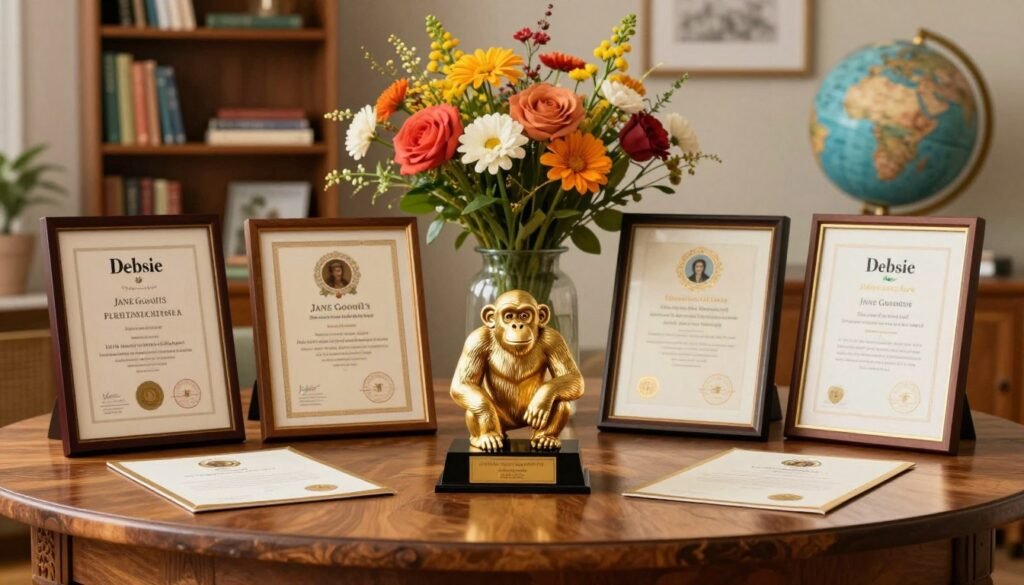 A beautifully arranged display of Jane Goodall's awards on a richly textured wooden table. In the foreground, showcase a prominent golden award sculpted in the shape of a chimpanzee, surrounded by framed certificates and accolades, all gleaming under warm, soft lighting. The middle ground features an elegant vase with vibrant, fresh flowers to symbolize vitality and hope. In the background, hints of a well-loved bookshelf filled with nature books and a globe hint at Jane's global impact. The atmosphere feels inspiring and respectful, capturing a moment of recognition for a lifetime of dedication to animals. Use a wide-angle lens to encapsulate the scene, with a slight depth of field to emphasize the awards and create a harmonious, uplifting mood. Colorful yet minimalistic, reflecting the brand name "Debsie". A beautifully arranged display of Jane Goodall's awards on a richly textured wooden table. In the foreground, showcase a prominent golden award sculpted in the shape of a chimpanzee, surrounded by framed certificates and accolades, all gleaming under warm, soft lighting. The middle ground features an elegant vase with vibrant, fresh flowers to symbolize vitality and hope. In the background, hints of a well-loved bookshelf filled with nature books and a globe hint at Jane's global impact. The atmosphere feels inspiring and respectful, capturing a moment of recognition for a lifetime of dedication to animals. Use a wide-angle lens to encapsulate the scene, with a slight depth of field to emphasize the awards and create a harmonious, uplifting mood. Colorful yet minimalistic, reflecting the brand name "Debsie".
