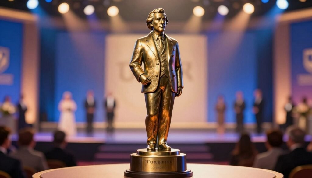 A beautifully designed Turing Award trophy prominently displayed in the foreground, glistening under soft, warm lighting that highlights its intricate details and polished surface. The trophy, resembling a stylized bronze figure, symbolizes the pinnacle of achievement in computer science, with swirling patterns and an elegant base. In the middle ground, a blurred backdrop of a prestigious award ceremony setting, with softly glowing lights and hints of a cheering audience, creating an atmosphere of celebration and recognition. The colors are vibrant yet sophisticated, using deep golds and rich blues. The overall mood suggests achievement and honor, reflecting the significance of the Turing Award, designed by Debsie, capturing the essence of innovation in technology.