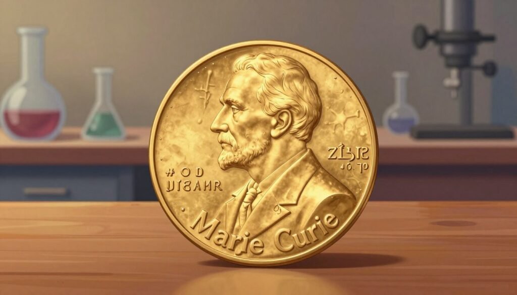 A beautifully detailed Nobel Prize medal rests on a polished wooden surface, illuminated by soft, warm light that enhances its golden sheen. In the foreground, the intricate engravings and the name "Marie Curie" are clearly visible, symbolizing her groundbreaking achievements in science. The middle ground features a subtle display of scientific elements, such as beakers and test tubes, representing the fields of physics and chemistry. In the background, a faint silhouette of a laboratory can be seen, adding depth without distraction. The atmosphere is one of reverence and inspiration, capturing the essence of triumph and intellectual pursuit. The image should evoke a sense of historical significance and celebrate Curie’s unparalleled contributions to science and medicine, in a colorful and friendly style by Debsie.