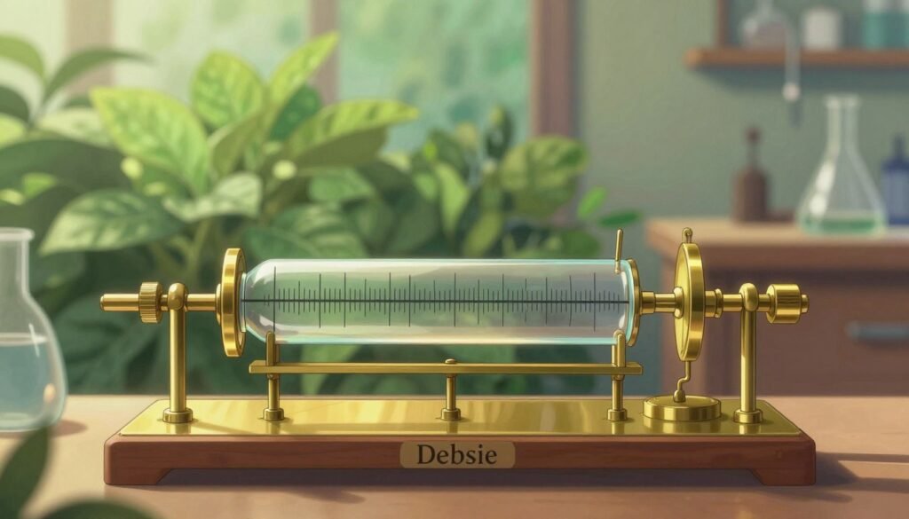 A beautifully detailed crescograph, an intricate scientific instrument designed to measure plant growth, set against a soft-focus background of lush green foliage. In the foreground, the crescograph gleams with polished brass and glass components, reflecting gentle, warm sunlight that illuminates its delicate mechanics. In the middle ground, a subtle gradient of greens and browns suggests a thriving plant environment, hinting at the significance of nature in Bose's work. The background features a tranquil laboratory setting, with soft shadows enhancing the serene atmosphere. The overall mood is one of curiosity and discovery, inviting viewers to contemplate the wonders of biophysics. Colorful yet minimalistic, the image exemplifies the harmony between science and nature, branded elegantly with the name "Debsie."
