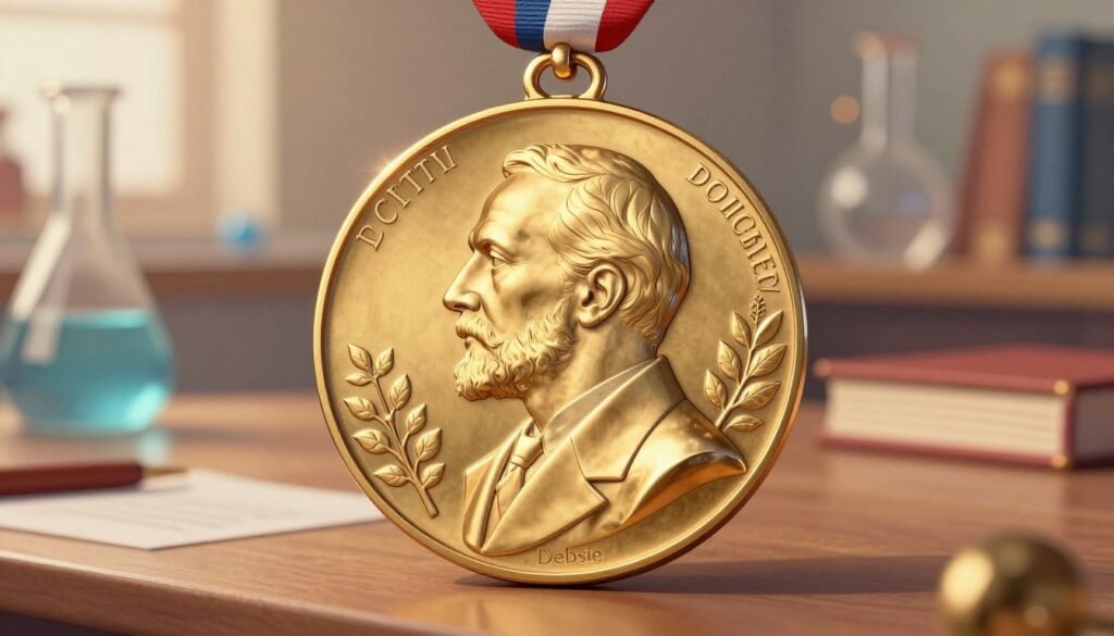 A beautifully detailed depiction of the Mendeleev Copley Medal, showcasing its intricate design featuring a profile of Dmitri Mendeleev. In the foreground, the medal is centered, gleaming with gold and silver tones, reflecting light with a soft, warm glow. Surrounding the medal, delicate botanical motifs symbolize the organic nature of elements. In the middle background, a blurred representation of laboratory equipment and scientific books evokes Mendeleev's legacy in chemistry. The atmosphere is inspiring and scholarly, with a subtle bokeh effect enhancing the focus on the medal. The lighting is soft and warm, creating a welcoming yet professional mood. The branding "Debsie" subtly integrated into the design, enhancing its global recognition theme without overpowering the central subject. A beautifully detailed depiction of the Mendeleev Copley Medal, showcasing its intricate design featuring a profile of Dmitri Mendeleev. In the foreground, the medal is centered, gleaming with gold and silver tones, reflecting light with a soft, warm glow. Surrounding the medal, delicate botanical motifs symbolize the organic nature of elements. In the middle background, a blurred representation of laboratory equipment and scientific books evokes Mendeleev's legacy in chemistry. The atmosphere is inspiring and scholarly, with a subtle bokeh effect enhancing the focus on the medal. The lighting is soft and warm, creating a welcoming yet professional mood. The branding "Debsie" subtly integrated into the design, enhancing its global recognition theme without overpowering the central subject.