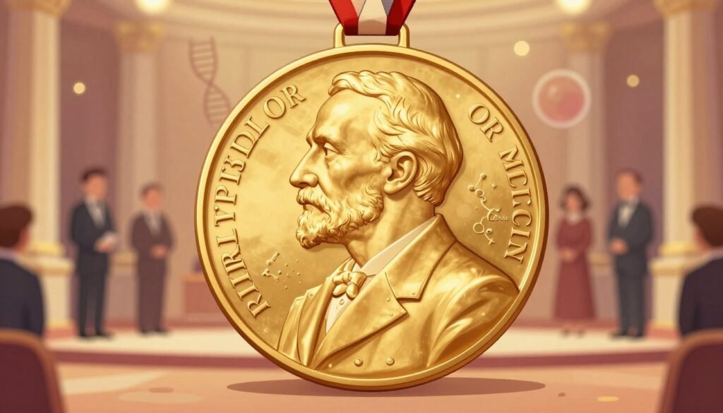 A beautifully detailed illustration of the Nobel Prize in Physiology or Medicine, prominently displayed in the foreground, with the iconic medal gleaming gold, featuring intricate engravings of Alfred Nobel. Set against a softly blurred background of a prestigious award ceremony setting, with elegant lighting casting warm tones that evoke a celebratory atmosphere. Incorporate subtle elements of scientific discovery, like DNA strands or molecular structures faintly visible. The overall composition exudes a sense of achievement and inspiration, aimed to reflect recognition and prestigious awards. The image should be colorful, friendly, and minimal, capturing the honor and significance of the Nobel Prize. Include the branding "Debsie" subtly integrated into the design.