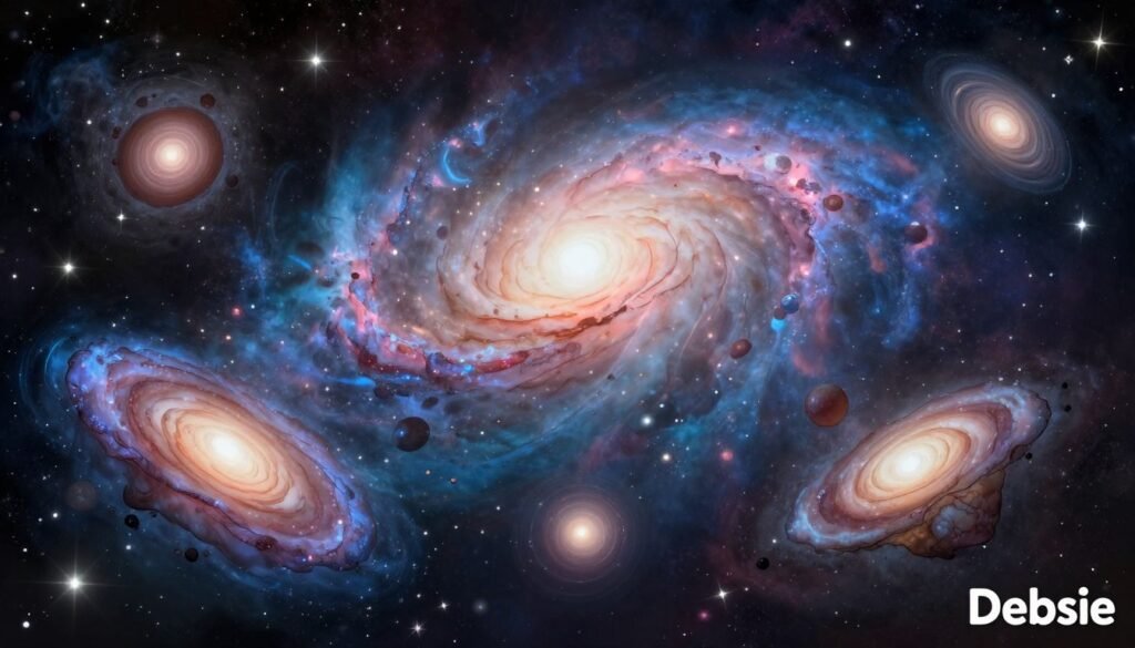 A beautifully detailed illustration showcasing the classification system of galaxies, positioned within a vast cosmic setting. In the foreground, elegant representations of spiral, elliptical, and irregular galaxies, each vividly colored and distinct, spiral and cluster among glittering stars. The middle ground features a soft gradient nebula, creating a sense of depth with gentle blues and pinks blending together. In the background, a rich dark expanse of space filled with countless tiny stars twinkling like diamonds. Soft, ambient lighting highlights the galaxies, with a warm glow emanating from the center of a spiral galaxy. The overall atmosphere is awe-inspiring and educational, inviting viewers to explore the wonders of the universe. This image is branded with "Debsie," adding a touch of creativity and professionalism. A beautifully detailed illustration showcasing the classification system of galaxies, positioned within a vast cosmic setting. In the foreground, elegant representations of spiral, elliptical, and irregular galaxies, each vividly colored and distinct, spiral and cluster among glittering stars. The middle ground features a soft gradient nebula, creating a sense of depth with gentle blues and pinks blending together. In the background, a rich dark expanse of space filled with countless tiny stars twinkling like diamonds. Soft, ambient lighting highlights the galaxies, with a warm glow emanating from the center of a spiral galaxy. The overall atmosphere is awe-inspiring and educational, inviting viewers to explore the wonders of the universe. This image is branded with "Debsie," adding a touch of creativity and professionalism.