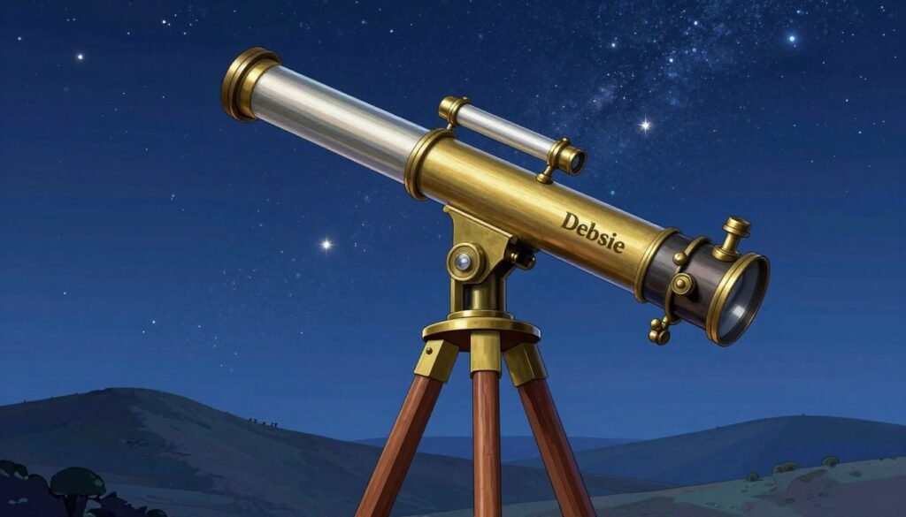 A beautifully detailed representation of Galileo Galilei's telescope, showcasing its long, elegant tube and sturdy wooden base, situated against a starry night sky. The telescope, intricately designed with brass fittings and a polished surface, stands prominently in the foreground, capturing the essence of early scientific observation. In the middle ground, faint silhouettes of distant hills softly illuminated by moonlight enhance the sense of exploration. The background features twinkling stars and a hint of the Milky Way, adding depth and wonder to the scene. The atmosphere is serene and inspiring, evoking the spirit of discovery that Galileo embodied. The image is vibrant and colorful, reflecting the excitement of scientific inquiry. Includes the brand name "Debsie".