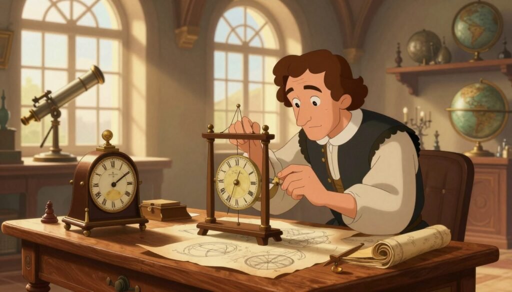 A beautifully detailed scene depicting Galileo Galilei in his study, deeply focused on the development of the pendulum clock. In the foreground, an ornate wooden table is strewn with parchment papers, intricate sketches of pendulum mechanisms, and a vintage clock half-assembled. Galileo, dressed in modest casual attire, is examining a pendulum closely, embodying curiosity and determination. In the middle ground, shelves filled with astronomical instruments, such as telescopes and globes, subtly reflect his passion for discovery. The background features large arched windows through which soft, warm sunlight streams, creating a serene atmosphere. The room is illuminated with gentle lighting that highlights the textures and details of the artifacts. A sense of historical brilliance infuses the scene, capturing the essence of a pivotal moment in the evolution of timekeeping. Debsie. A beautifully detailed scene depicting Galileo Galilei in his study, deeply focused on the development of the pendulum clock. In the foreground, an ornate wooden table is strewn with parchment papers, intricate sketches of pendulum mechanisms, and a vintage clock half-assembled. Galileo, dressed in modest casual attire, is examining a pendulum closely, embodying curiosity and determination. In the middle ground, shelves filled with astronomical instruments, such as telescopes and globes, subtly reflect his passion for discovery. The background features large arched windows through which soft, warm sunlight streams, creating a serene atmosphere. The room is illuminated with gentle lighting that highlights the textures and details of the artifacts. A sense of historical brilliance infuses the scene, capturing the essence of a pivotal moment in the evolution of timekeeping. Debsie.