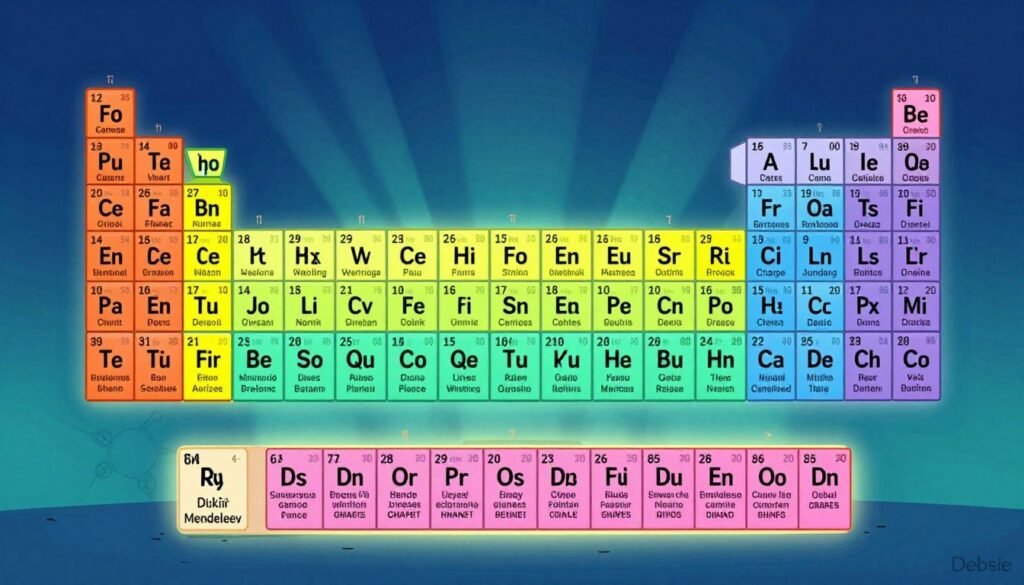 A beautifully illustrated periodic table displays vibrant colors, with each element represented in distinct, bold hues. The table is organized in a clear, structured layout, showcasing Dmitri Mendeleev's genius in scientific design. In the foreground, a subtle glow emanates from the table, creating a lively atmosphere. The background features a soft gradient of deep blue and teal, symbolizing the depth of knowledge and discovery associated with chemistry. Rays of gentle, focused light illuminate the elements, highlighting their importance and significance. Visualize the table as both an educational tool and a work of art, reflecting the innovative spirit of science and the legacy of Mendeleev. At the bottom corner, include the brand name "Debsie" in a minimalistic style without any logos or distracting elements.