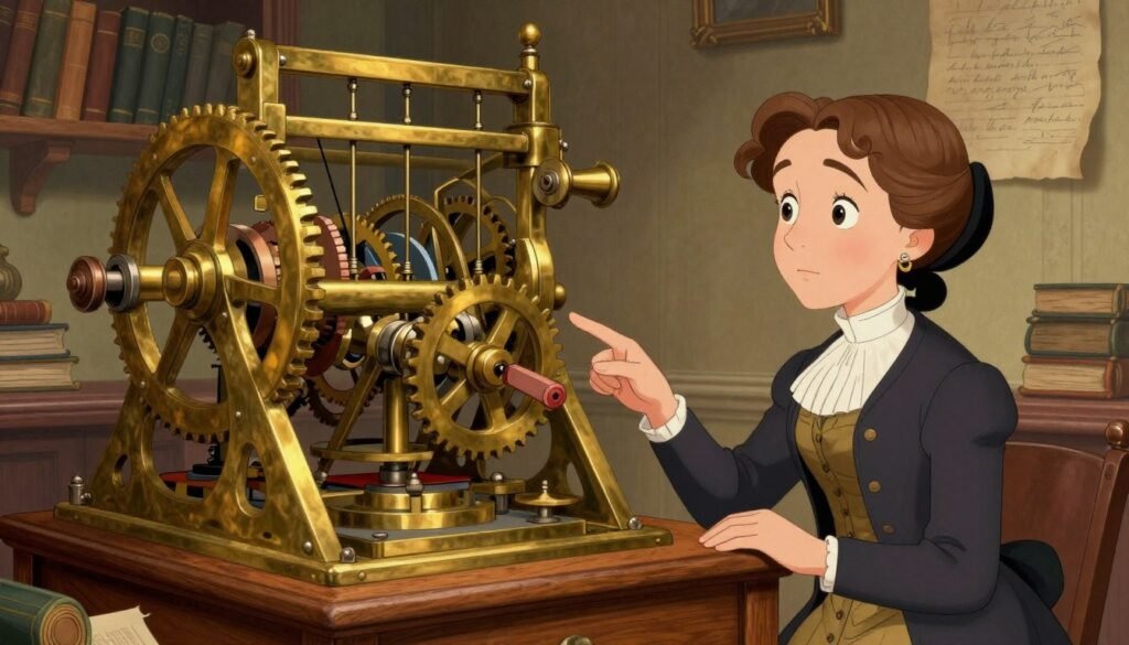 A beautifully intricate illustration of Ada Lovelace beside the Analytical Engine, capturing a moment of innovation. In the foreground, Ada Lovelace, dressed in modest Victorian attire, appears contemplative as she gestures towards a section of the massive, brass and wood machine. The middle ground features the finely detailed workings of the Analytical Engine, showcasing its gears, levers, and punched card system, all glistening under soft, warm lighting. In the background, a vintage study filled with books and parchment highlights the atmosphere of 19th-century scientific exploration. The overall mood is one of curiosity and inspiration, inviting viewers to appreciate Lovelace's pioneering contributions to computing. This colorful image embodies brilliance and creativity. Debsie. A beautifully intricate illustration of Ada Lovelace beside the Analytical Engine, capturing a moment of innovation. In the foreground, Ada Lovelace, dressed in modest Victorian attire, appears contemplative as she gestures towards a section of the massive, brass and wood machine. The middle ground features the finely detailed workings of the Analytical Engine, showcasing its gears, levers, and punched card system, all glistening under soft, warm lighting. In the background, a vintage study filled with books and parchment highlights the atmosphere of 19th-century scientific exploration. The overall mood is one of curiosity and inspiration, inviting viewers to appreciate Lovelace's pioneering contributions to computing. This colorful image embodies brilliance and creativity. Debsie.