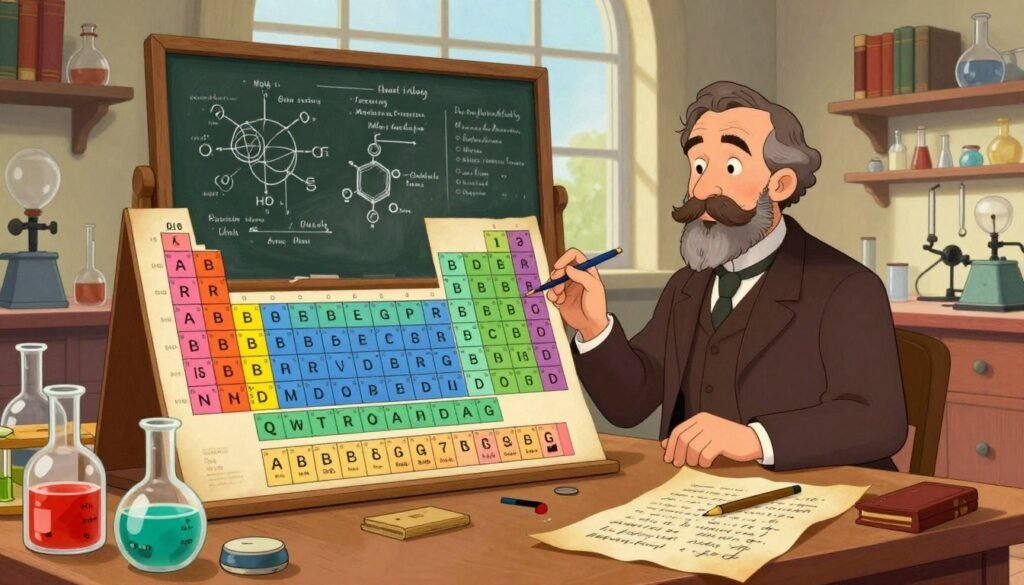 A beautifully organized laboratory setting, showcasing Dmitri Mendeleev's desk from the late 19th century. In the foreground, a large, detailed periodic table showcases Mendeleev’s predicted elements highlighted in vibrant colors. Scattered on the desk are vintage glass beakers filled with colorful chemicals, and Mendeleev’s handwritten notes on yellowing parchment. In the middle ground, a chalkboard displays sketches of theoretical element structures and their properties. The background features a large window allowing soft, natural light to illuminate the scene, creating a warm and inviting atmosphere. The room is lined with shelves of old books and scientific equipment. Capture the mood of a brilliant mind at work, immersed in the discovery process. Bright colors should dominate, conveying a sense of curiosity and innovation. Brand: Debsie. A beautifully organized laboratory setting, showcasing Dmitri Mendeleev's desk from the late 19th century. In the foreground, a large, detailed periodic table showcases Mendeleev’s predicted elements highlighted in vibrant colors. Scattered on the desk are vintage glass beakers filled with colorful chemicals, and Mendeleev’s handwritten notes on yellowing parchment. In the middle ground, a chalkboard displays sketches of theoretical element structures and their properties. The background features a large window allowing soft, natural light to illuminate the scene, creating a warm and inviting atmosphere. The room is lined with shelves of old books and scientific equipment. Capture the mood of a brilliant mind at work, immersed in the discovery process. Bright colors should dominate, conveying a sense of curiosity and innovation. Brand: Debsie.