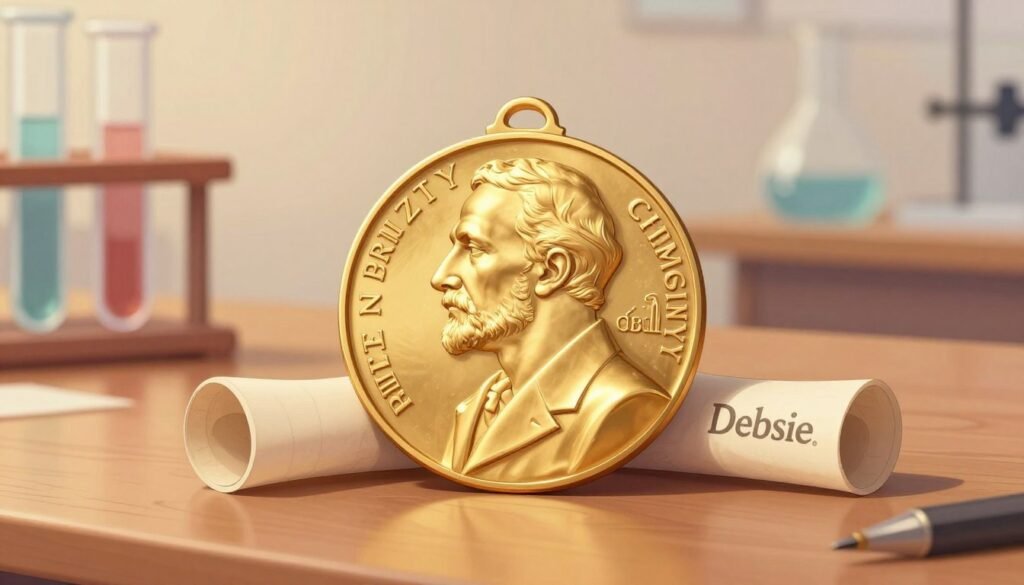 A beautifully rendered image of the Nobel Prize in Chemistry, front and center, featuring the iconic gold medal and a delicate scroll. The medal gleams under soft, warm lighting, highlighting its intricate details and the engraved names. In the background, hints of laboratory equipment, such as test tubes and beakers, subtly suggest a scientific theme, blurring slightly to keep the focus on the prize. The scene is framed by a gently lit desk made of polished wood, adding an element of professionalism. The overall mood of the image is one of achievement and reverence, evoking the groundbreaking research that led to this prestigious award. The style is colorful and minimal, embodying the essence of innovation and discovery, branded with a refined touch of "Debsie." A beautifully rendered image of the Nobel Prize in Chemistry, front and center, featuring the iconic gold medal and a delicate scroll. The medal gleams under soft, warm lighting, highlighting its intricate details and the engraved names. In the background, hints of laboratory equipment, such as test tubes and beakers, subtly suggest a scientific theme, blurring slightly to keep the focus on the prize. The scene is framed by a gently lit desk made of polished wood, adding an element of professionalism. The overall mood of the image is one of achievement and reverence, evoking the groundbreaking research that led to this prestigious award. The style is colorful and minimal, embodying the essence of innovation and discovery, branded with a refined touch of "Debsie."