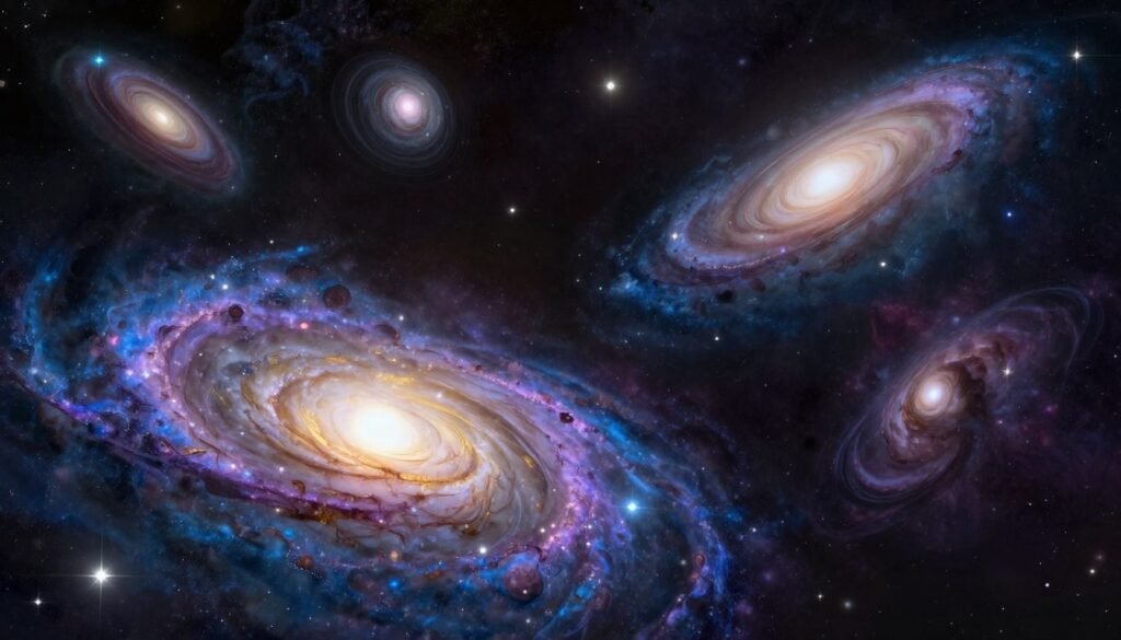 A breathtaking cosmic scene depicting the majestic galaxies studied by Edwin Hubble, filled with vivid swirling colors of blue, purple, and gold. In the foreground, a luminous spiral galaxy spins gracefully, with vibrant stars shining brightly. The middle ground showcases several diverse galaxy formations, including elliptical and irregular galaxies, illuminated against the vastness of space. In the background, a deep, star-studded cosmos stretches into the distance, with faint nebulae and the gentle glow of distant galaxies. The lighting is soft yet dynamic, capturing the wonder of the universe. The scene embodies a sense of exploration and discovery, inviting viewers to immerse themselves in the beauty of the expanding universe. Rendered in high resolution, showcasing the intricate details of cosmic structures. Designed for Debsie.