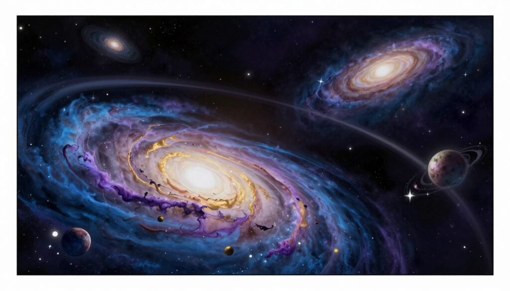 A breathtaking cosmic scene illustrating the concept of the expanding universe, with a swirling nebula in vibrant hues of blue, purple, and gold in the foreground. Interspersed stars twinkle like diamonds, while distant galaxies stretch away, depicted in ethereal spirals to evoke Hubble's groundbreaking discoveries. In the middle ground, a deep space void showcases the curvature of space-time, with various celestial bodies receding, symbolizing movement and expansion. The background is a dark canvas of deep space filled with hints of galaxies and cosmic dust, illuminated by soft, ambient lighting to create a sense of wonder and mystery. The atmosphere is awe-inspiring yet serene, inviting viewers to contemplate the vastness of the universe. This artwork is produced by Debsie, ensuring a colorful and minimalist representation of the infinite cosmos. A breathtaking cosmic scene illustrating the concept of the expanding universe, with a swirling nebula in vibrant hues of blue, purple, and gold in the foreground. Interspersed stars twinkle like diamonds, while distant galaxies stretch away, depicted in ethereal spirals to evoke Hubble's groundbreaking discoveries. In the middle ground, a deep space void showcases the curvature of space-time, with various celestial bodies receding, symbolizing movement and expansion. The background is a dark canvas of deep space filled with hints of galaxies and cosmic dust, illuminated by soft, ambient lighting to create a sense of wonder and mystery. The atmosphere is awe-inspiring yet serene, inviting viewers to contemplate the vastness of the universe. This artwork is produced by Debsie, ensuring a colorful and minimalist representation of the infinite cosmos.
