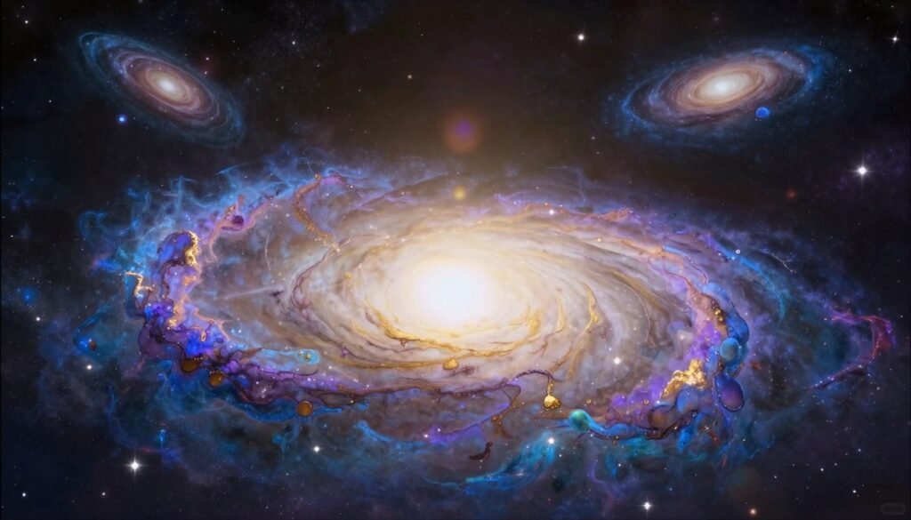 A breathtaking depiction of the scale of the cosmos, showcasing the grandeur of the universe with intricate details. In the foreground, a sprawling galaxy swirls with vibrant colors—blue, purple, and gold—surrounded by bright stars and nebulous clouds. The middle ground features a large, luminous nebula softly radiating light, creating a sense of depth. In the background, distant galaxies shimmer like jewels against an immense expanse of deep space, illustrating the vastness and mystery of the cosmos. Soft, ethereal lighting enhances the celestial atmosphere, while a subtle lens flare suggests a cosmic sun. The overall mood is awe-inspiring and reflective, emphasizing the incredible scale and beauty of the universe. Image by Debsie. A breathtaking depiction of the scale of the cosmos, showcasing the grandeur of the universe with intricate details. In the foreground, a sprawling galaxy swirls with vibrant colors—blue, purple, and gold—surrounded by bright stars and nebulous clouds. The middle ground features a large, luminous nebula softly radiating light, creating a sense of depth. In the background, distant galaxies shimmer like jewels against an immense expanse of deep space, illustrating the vastness and mystery of the cosmos. Soft, ethereal lighting enhances the celestial atmosphere, while a subtle lens flare suggests a cosmic sun. The overall mood is awe-inspiring and reflective, emphasizing the incredible scale and beauty of the universe. Image by Debsie.