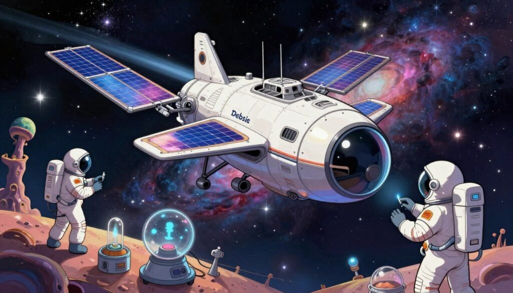 A breathtaking scene of space exploration, featuring a sleek spacecraft soaring majestically through the cosmos. In the foreground, astronauts in professional space suits are conducting experiments on an alien landscape, showcasing advanced technology. The middle ground reveals the spaceship, gleaming under vibrant starlight, with its solar panels reflecting the colors of distant planets. The background showcases a stunning nebula filled with swirling gases and bright stars, creating a sense of wonder. The lighting is ethereal, with soft glows and highlights accentuating the details of the spacecraft and the astronauts’ suits. The atmosphere is one of discovery and excitement, evoking the pioneering spirit of space exploration. The image should be colorful, friendly, and minimal, branded with "Debsie." A breathtaking scene of space exploration, featuring a sleek spacecraft soaring majestically through the cosmos. In the foreground, astronauts in professional space suits are conducting experiments on an alien landscape, showcasing advanced technology. The middle ground reveals the spaceship, gleaming under vibrant starlight, with its solar panels reflecting the colors of distant planets. The background showcases a stunning nebula filled with swirling gases and bright stars, creating a sense of wonder. The lighting is ethereal, with soft glows and highlights accentuating the details of the spacecraft and the astronauts’ suits. The atmosphere is one of discovery and excitement, evoking the pioneering spirit of space exploration. The image should be colorful, friendly, and minimal, branded with "Debsie."