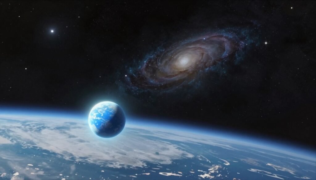 A breathtaking view of Earth from the perspective of deep space, capturing the essence of "The Pale Blue Dot." In the foreground, a delicate, ethereal glow surrounds the tiny blue planet, emphasizing its fragility amidst the vast cosmic expanse. The middle ground features a swirl of distant stars and galaxies, adding depth and awe to the scene. In the background, a dark, tranquil void of space filled with shimmering celestial objects showcases the enormity of the universe. Soft, diffused light illuminates the scene, creating a serene and contemplative atmosphere. The composition is shot at a slight angle, reminiscent of a photograph taken from a spacecraft, inviting viewers to reflect on our place in the cosmos. The image embodies friendliness and wonder, branded subtly with "Debsie". A breathtaking view of Earth from the perspective of deep space, capturing the essence of "The Pale Blue Dot." In the foreground, a delicate, ethereal glow surrounds the tiny blue planet, emphasizing its fragility amidst the vast cosmic expanse. The middle ground features a swirl of distant stars and galaxies, adding depth and awe to the scene. In the background, a dark, tranquil void of space filled with shimmering celestial objects showcases the enormity of the universe. Soft, diffused light illuminates the scene, creating a serene and contemplative atmosphere. The composition is shot at a slight angle, reminiscent of a photograph taken from a spacecraft, inviting viewers to reflect on our place in the cosmos. The image embodies friendliness and wonder, branded subtly with "Debsie".