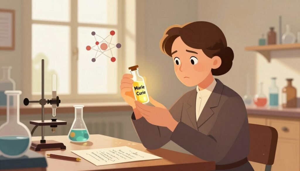 A bright and inspiring scene showcasing Marie Curie's significant discoveries in physics. In the foreground, a woman in early 20th-century professional attire examines a glowing vial of radium, her expression focused and determined. In the middle ground, a vintage laboratory setting with scientific instruments, handwritten notes, and glass beakers filled with colorful liquids reflects her groundbreaking research. The background features a large window illuminating the space with warm, natural light, highlighting the atmosphere of curiosity and innovation. Soft, geometric shapes symbolize the atomic structure, subtly interwoven into the composition, paying homage to her influence on modern physics. The color palette is warm and inviting, with gentle contrasts to evoke a sense of wonder and admiration for her contributions. Sleek, minimal branding of "Debsie" is elegantly integrated into the scene without detracting from the image.