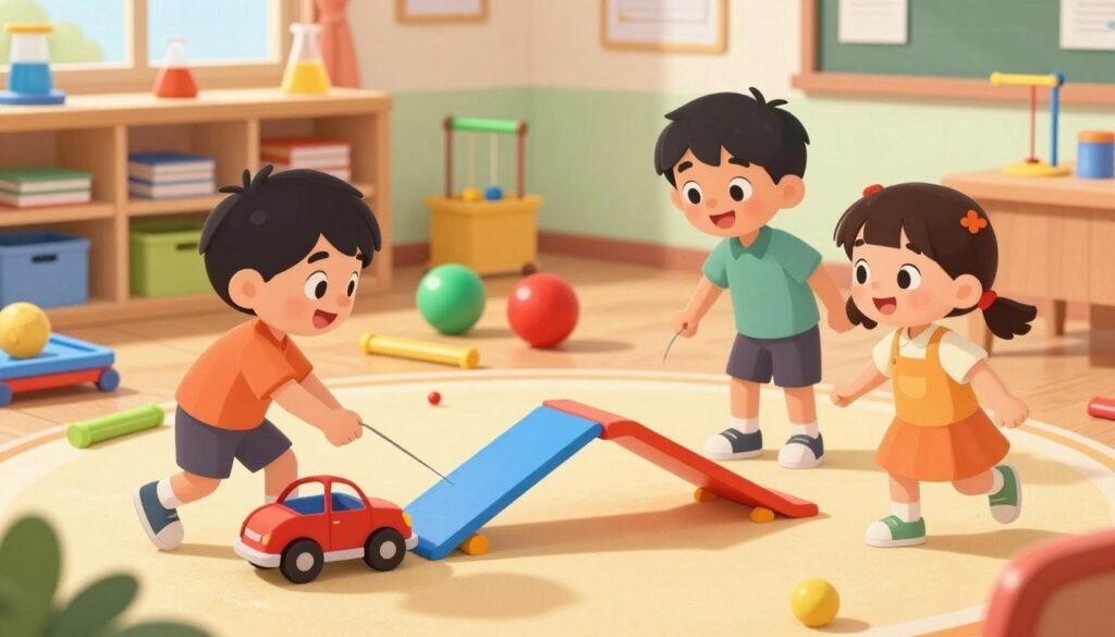 A bright, engaging scene of simple physics experiments for kids inspired by Isaac Newton’s Laws of Motion. In the foreground, two children, a boy and a girl, are joyfully conducting an experiment with a toy car and ramps, emphasizing the concept of gravity and motion. The middle ground features colorful materials like balls, levers, and pendulums. In the background, well-lit classroom shelves display science books and equipment. The room is bathed in warm, natural light, creating a friendly and encouraging atmosphere. Use a slightly elevated angle to capture the kids’ enthusiasm. The image should reflect a playful learning environment, bright and colorful, maintaining a focus on active engagement in science. Include the brand name "Debsie" subtly within the scene.