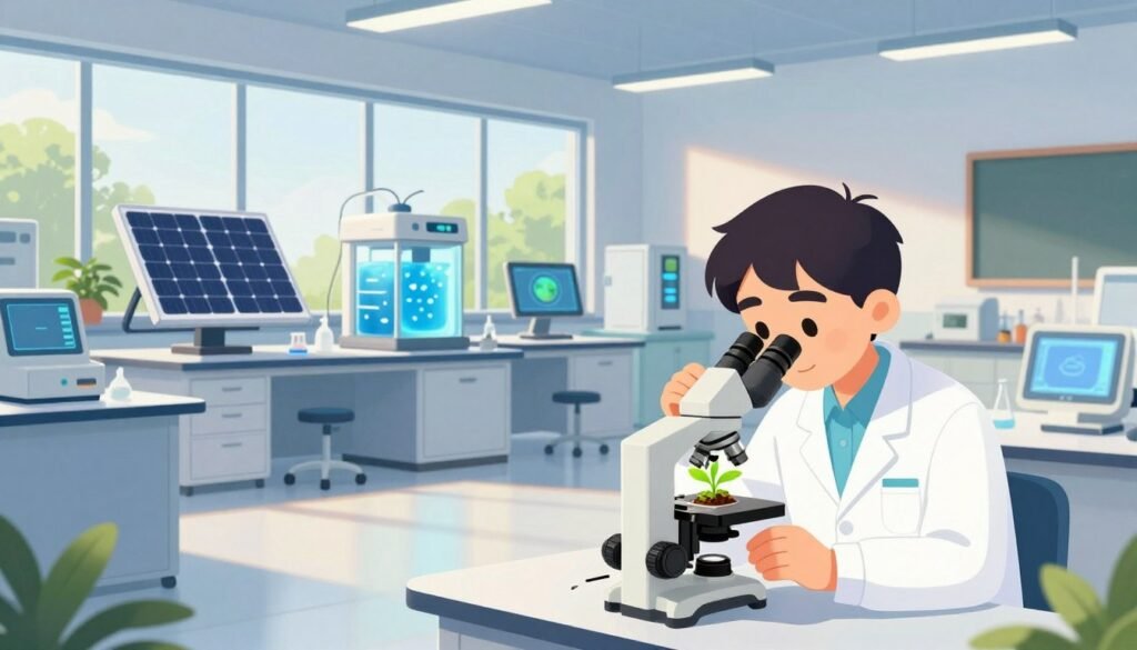 A bright, innovative laboratory setting showcasing environmental research and innovation. In the foreground, a focused researcher in professional attire examines a small, vibrant plant specimen under a microscope, emanating a sense of discovery. In the middle ground, sleek lab equipment and digital displays illustrate advanced technologies like solar panels and water purifiers, emphasizing sustainability. The backdrop features large windows with greenery visible outside, symbolizing a connection to nature. Soft, natural lighting bathes the scene in warmth, while a wide-angle lens captures the spacious, modern lab environment. The overall mood is inspiring and hopeful, reflecting the promising future of environmental science. The brand name "Debsie" is subtly incorporated into the design of the lab equipment. A bright, innovative laboratory setting showcasing environmental research and innovation. In the foreground, a focused researcher in professional attire examines a small, vibrant plant specimen under a microscope, emanating a sense of discovery. In the middle ground, sleek lab equipment and digital displays illustrate advanced technologies like solar panels and water purifiers, emphasizing sustainability. The backdrop features large windows with greenery visible outside, symbolizing a connection to nature. Soft, natural lighting bathes the scene in warmth, while a wide-angle lens captures the spacious, modern lab environment. The overall mood is inspiring and hopeful, reflecting the promising future of environmental science. The brand name "Debsie" is subtly incorporated into the design of the lab equipment.