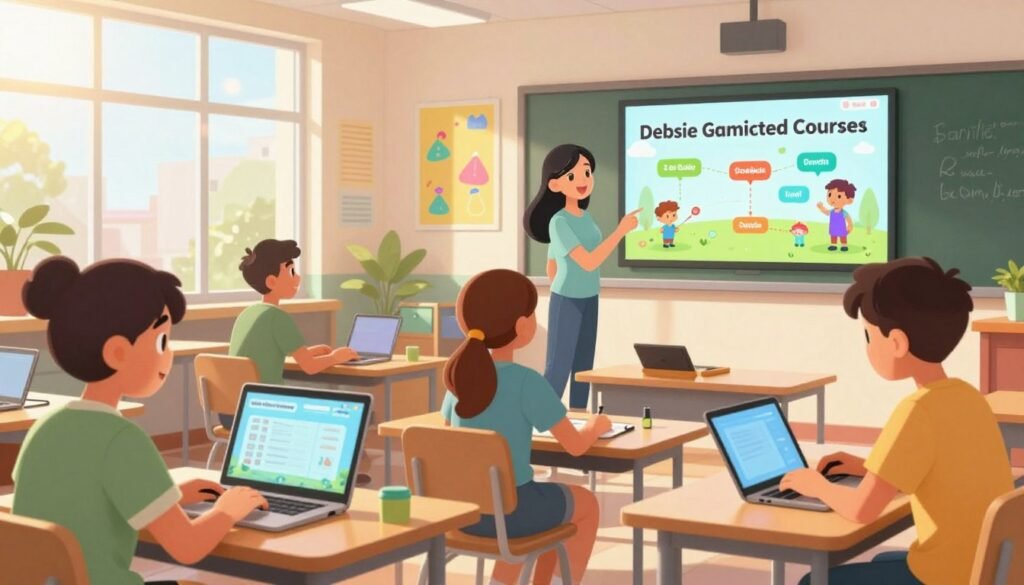 A bright, inviting scene showcasing "Debsie Gamified Courses" in action. In the foreground, a diverse group of young students, wearing casual yet professional clothing, are engaged in interactive learning activities using laptops and tablets. Their expressions reflect curiosity and excitement. In the middle ground, a modern classroom setting with colorful educational posters and digital screens displays gamified learning interfaces that encourage collaboration and challenge. The background features large windows allowing natural light to flood in, enhancing the cheerful atmosphere. A soft lens flare from the sunlight adds warmth to the scene. The overall mood is vibrant and inspiring, emphasizing the nurturing of potential and creativity through engaging educational methods.