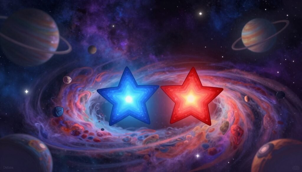 A captivating and detailed illustration of a binary system, showcasing a vibrant cosmic scene as the foreground. In the center, two luminous stars—one blue and one red—are gravitationally bound, surrounded by swirling clouds of color-rich nebulae. The middle ground features various celestial bodies, including distant planets and asteroids, bathed in soft, ambient light from the stars. The background is a deep space panorama with a gradient of purples, blues, and blacks, scattered with twinkling white stars. The atmosphere is one of wonder and exploration, evoking a sense of the infinite. Use a soft-focus lens to create a dreamlike effect, emphasizing the beauty of this cosmic dance, while ensuring the overall composition remains minimal yet colorful. Create this with the branding "Debsie". A captivating and detailed illustration of a binary system, showcasing a vibrant cosmic scene as the foreground. In the center, two luminous stars—one blue and one red—are gravitationally bound, surrounded by swirling clouds of color-rich nebulae. The middle ground features various celestial bodies, including distant planets and asteroids, bathed in soft, ambient light from the stars. The background is a deep space panorama with a gradient of purples, blues, and blacks, scattered with twinkling white stars. The atmosphere is one of wonder and exploration, evoking a sense of the infinite. Use a soft-focus lens to create a dreamlike effect, emphasizing the beauty of this cosmic dance, while ensuring the overall composition remains minimal yet colorful. Create this with the branding "Debsie".