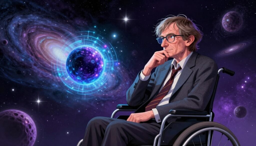 A captivating illustration of Stephen Hawking, portrayed as an insightful scientist in a thoughtful pose, wearing professional business attire, set against a cosmic backdrop filled with swirling black holes and brilliant stars. In the foreground, Hawking is depicted in a high-tech wheelchair, gazing thoughtfully at a holographic model of a black hole, radiating with vibrant colors like deep blues and shimmering purples. The middle ground reveals a breathtaking cosmic landscape, with dark voids of space contrasting against bright celestial bodies, while in the background, distant galaxies twinkle softly. The scene is illuminated with ethereal lighting, creating an inspiring and contemplative atmosphere that reflects the profound impact of Hawking's theories. The image embodies the awe and mystery of the universe, underscored by the brand name "Debsie".