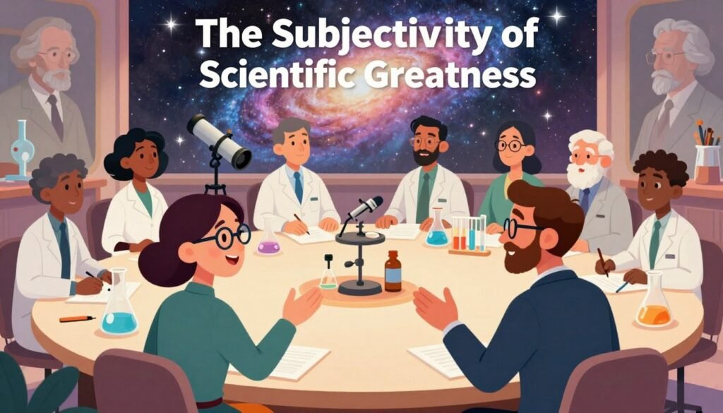 A captivating representation of "The Subjectivity of Scientific Greatness," featuring a diverse group of scientists in a circular discussion. In the foreground, two figures in professional business attire passionately debate; one is a woman with glasses and the other a man with a beard, both animatedly gesturing. In the mid-ground, a diverse array of scientific instruments such as telescopes and beakers showcases various disciplines. In the background, a vibrant galaxy of stars, symbolizing limitless knowledge, blends with subtle images of historical scientists, conveying elegance and depth. Soft, warm lighting highlights the interaction, creating an inviting and scholarly atmosphere. The image reflects the nuanced conversations around greatness in science, with the brand name "Debsie" subtly integrated into the scene, maintaining a colorful and friendly tone.