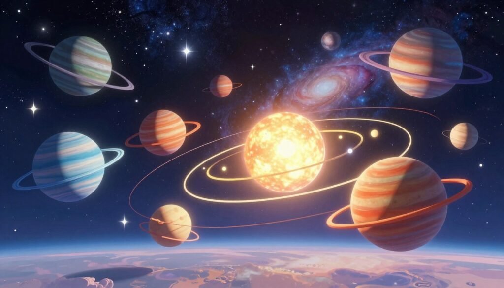 A captivating representation of celestial mechanics, featuring a stunning array of planets, moons, and intricate orbits in vivid colors. In the foreground, intricate 3D models of celestial bodies orbiting a glowing star, showcasing gravitational pulls and paths. The middle ground highlights a beautifully detailed starry sky, filled with twinkling stars, nebulae, and distant galaxies, creating a sense of vastness and depth. In the background, a faintly glowing cosmic horizon adds a mystique to the scene. Soft, ethereal lighting illuminates the celestial objects, giving them a luminescent quality. Shot from a slightly low angle to emphasize the grandeur of the universe. The overall mood is one of wonder and exploration, embodying the beauty and complexity of celestial mechanics. Designed for a scientific yet friendly aesthetic. Brand: Debsie.