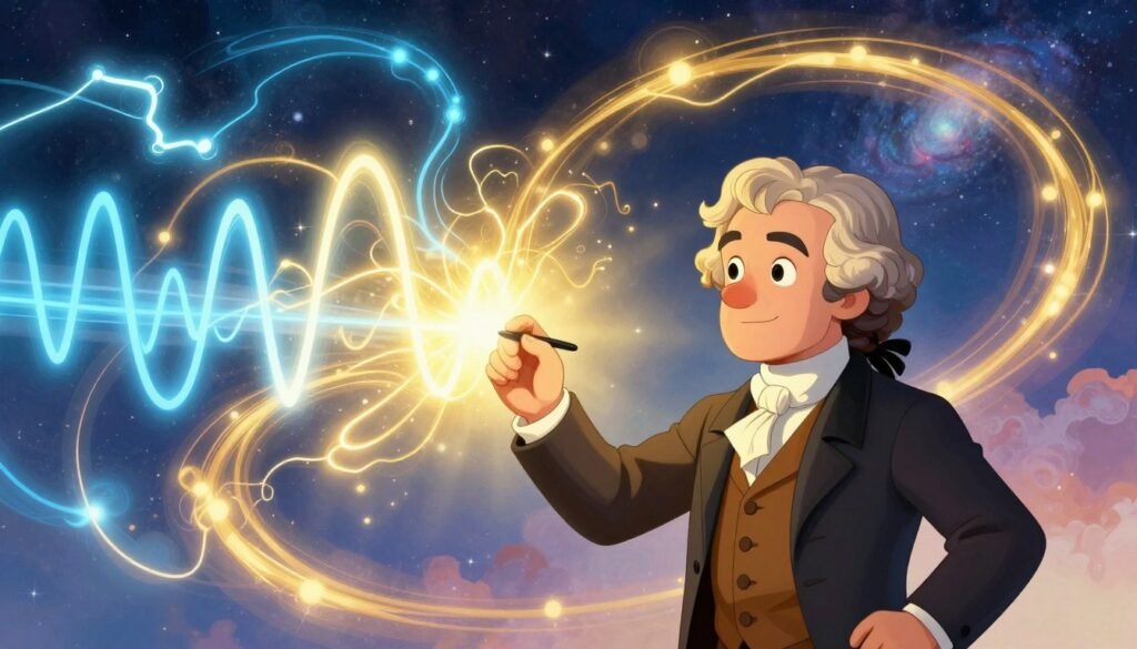 A captivating representation of electromagnetism, showcasing vibrant electric fields and magnetic lines in a swirling, dynamic dance. The foreground features a bold depiction of James Clerk Maxwell, dressed in 19th-century professional attire, deeply focused on his equations, illuminated by soft, warm light. In the middle, intricate patterns of electromagnetic waves radiate outward, encapsulating his ideas, with colors transitioning from azure blue to rich gold. The background reveals a serene, cosmic landscape with distant stars and a galaxy, symbolizing the vast impact of his work. The atmosphere is one of inspiration and enlightenment, conveying the essence of scientific discovery. The overall composition should be colorful, ethereal, and friendly, designed by Debsie, without any text or watermarks.