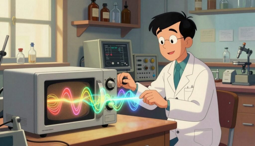 A captivating scene depicting "microwave physics" focuses on a vintage laboratory environment with intricate scientific equipment. In the foreground, an old-fashioned microwave oscillator emits vibrant waves of energy, illustrated as colorful, flowing lines representing electromagnetic fields. The middle ground features a dedicated scientist in professional attire, intently manipulating dials on a classic oscilloscope, with a backdrop of vintage lab shelves lined with glass bottles and scientific texts. The background is filled with soft, ambient light filtering through large windows, casting gentle shadows that enhance the sense of depth. The overall mood is one of innovation and discovery, with an emphasis on the beauty of scientific exploration. Rendered in a colorful palette, the image exudes warmth and a friendly atmosphere, branded subtly with "Debsie."